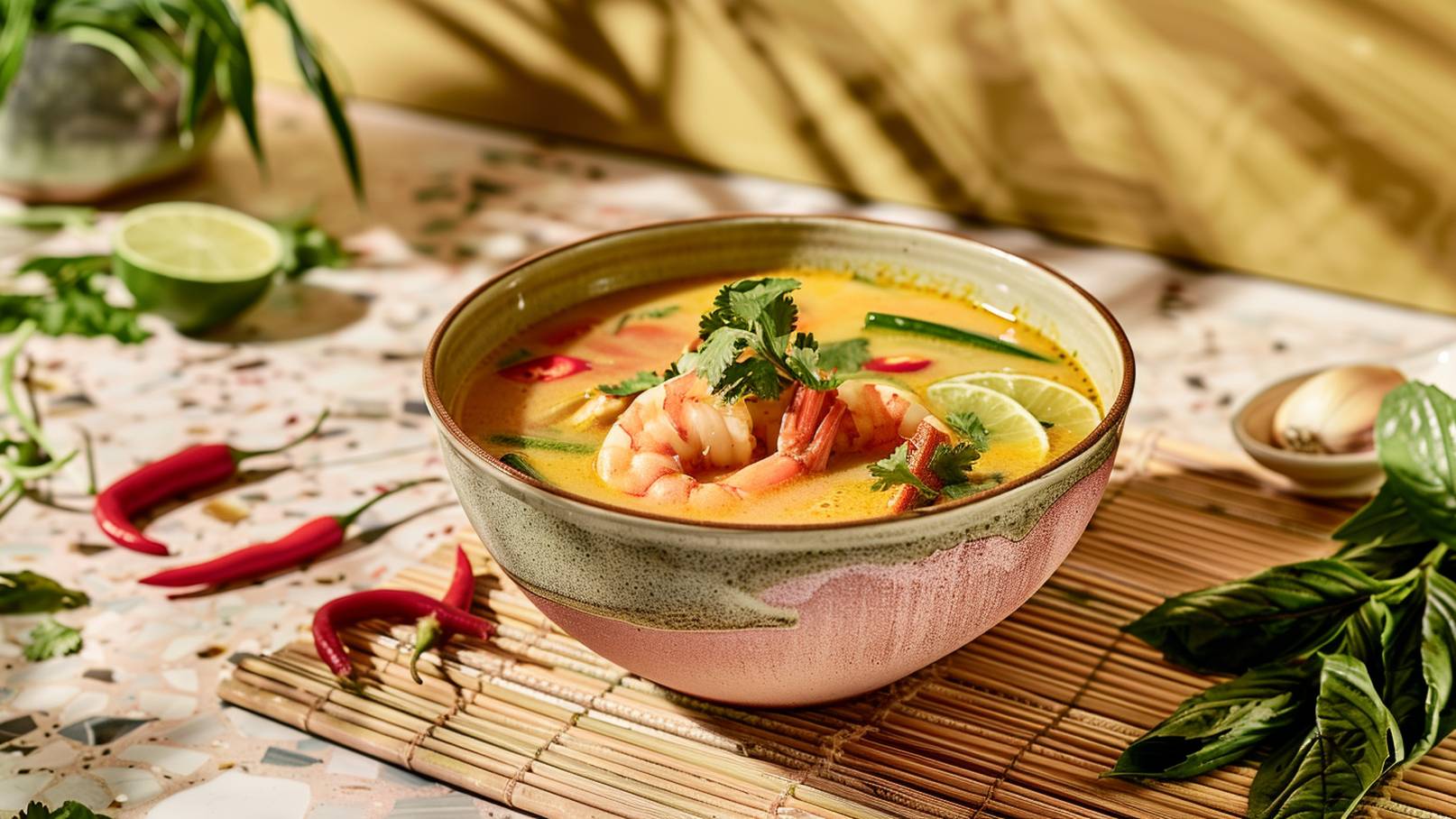 Eine Schüssel mit würziger Tom Yum Suppe, gefüllt mit Garnelen, frischem Koriander und Limettenscheiben. Rote Chili und grüne Zutaten sind dekorativ am Rand platziert, während sich die Schüssel auf einem Bambusmatten-Stück befindet. Der Hintergrund ist hell und natürlich.