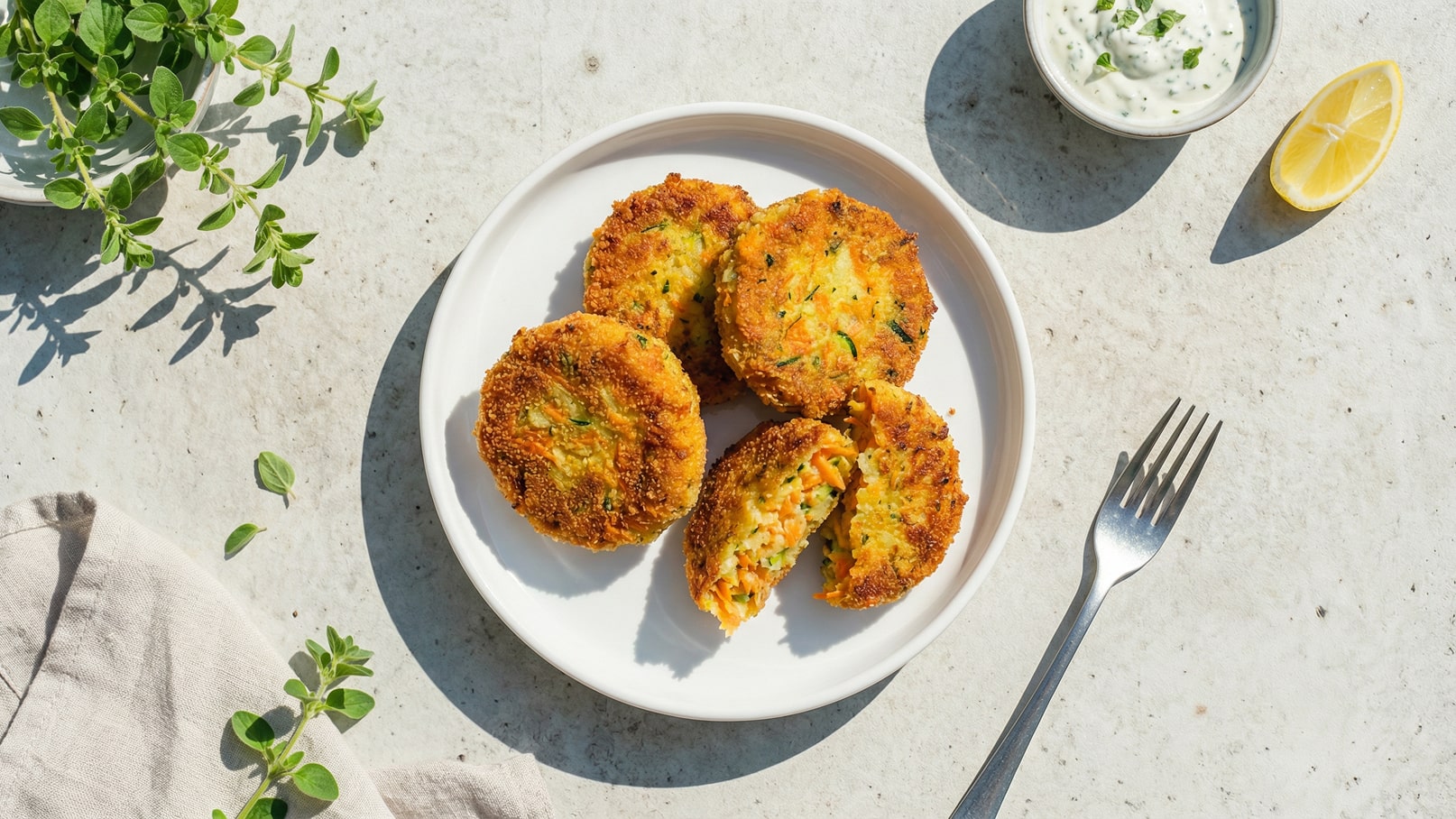 Auf dem Bild sind fünf goldbraune Gemüsebällchen auf einem weißen Teller zu sehen. Ein Bällchen ist halbiert, sodass die Füllung sichtbar wird. Daneben befindet sich eine kleine Schüssel mit einer weißen Soße und ein Stück Zitrone. Ein Besteck, eine Gabel, liegt auf dem Tisch.