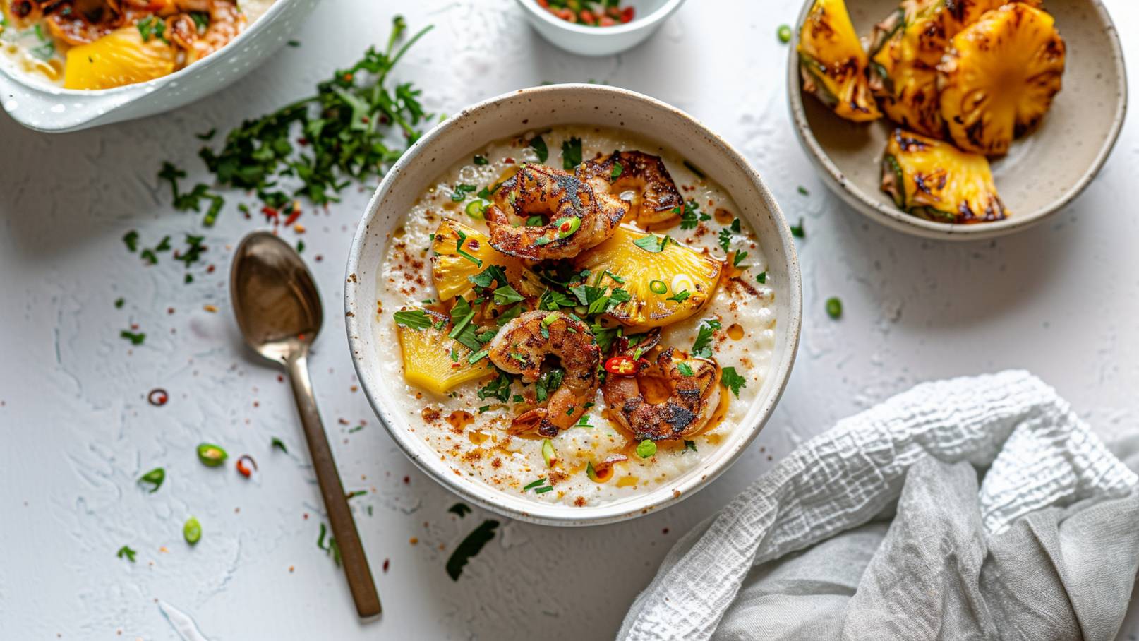 Eine Schüssel mit cremigem Reisgericht, garniert mit gerösteten Garnelen und gegrillten Ananasscheiben. Frische Kräuter und Chili verleihen Farbe und Aroma. Daneben steht eine weitere Schüssel mit ähnlichem Inhalt und nebenan ein Teller mit restlichen Ananasscheiben.