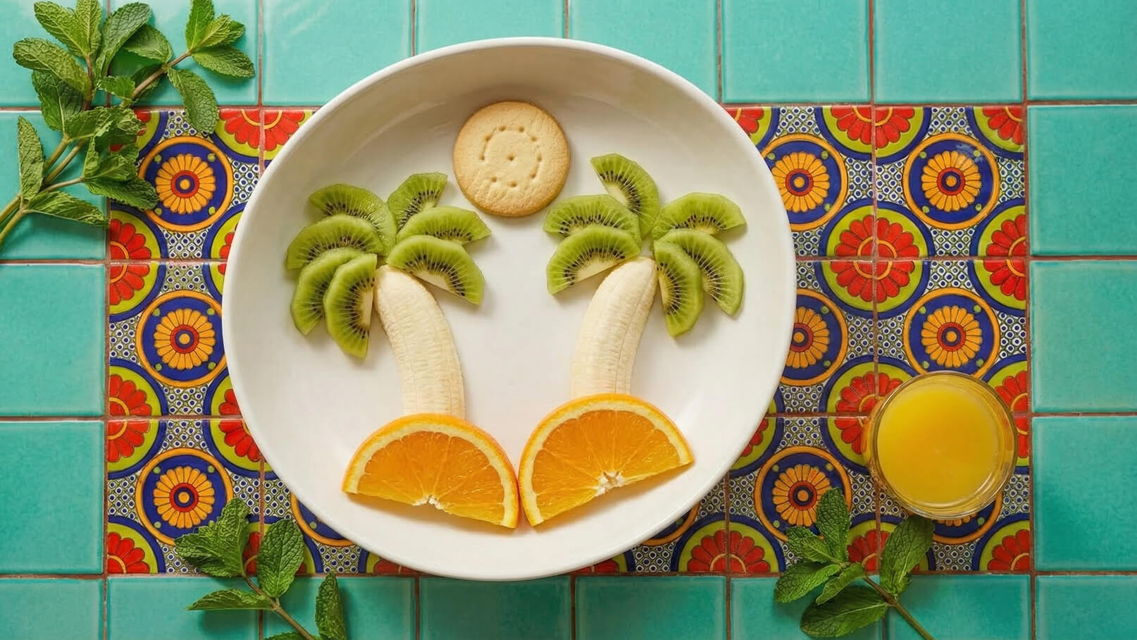 Auf dem Teller befinden sich zwei stilisierte Palmen aus Bananen und Kiwi, mit Orangenscheiben als Basis. Über den Palmen liegt ein Keks, der die Sonne darstellen soll. Die Farben sind lebhaft, auf einem bunten Fliesenmuster.