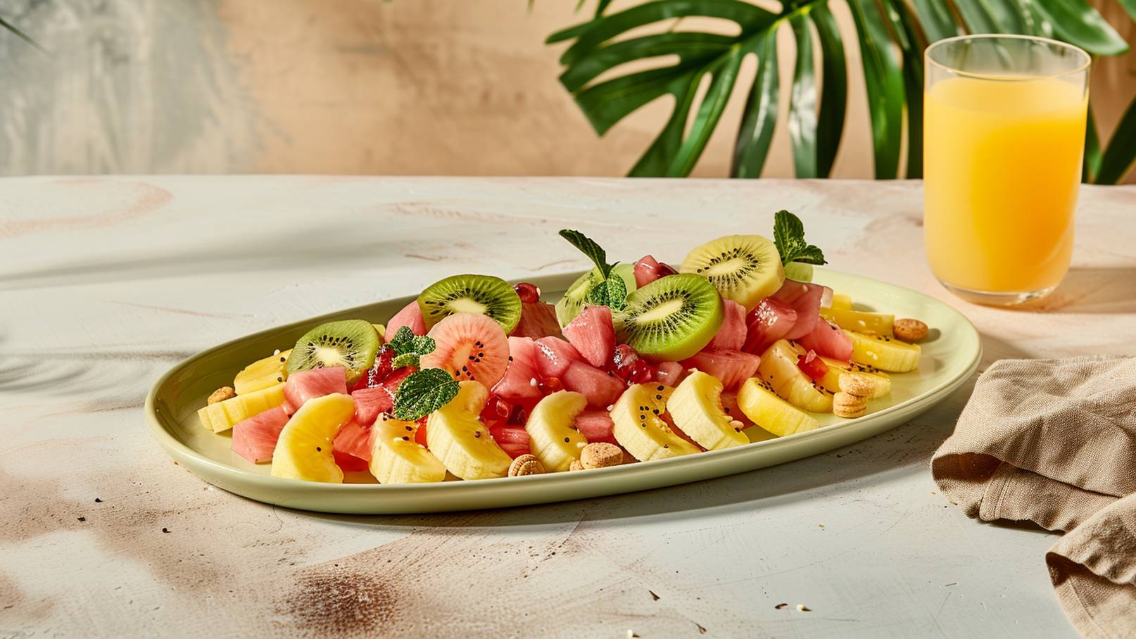 Ein ovaler Teller mit buntem Obstsalat, bestehend aus Wassermelonenstücken, Ananas, Kiwi und frischen Minzblättern. Im Hintergrund steht ein Glas Orangensaft und eine Stoffserviette liegt auf dem Tisch. Die Gesamtatmosphäre ist frisch und einladend.