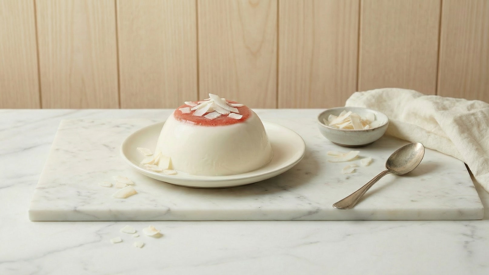 Ein Dessert in Form eines kleinen, runden Puddings steht auf einem weißen Teller. Es ist mit einer roten Fruchtschicht und Kokosraspeln dekoriert. Neben dem Teller befindet sich eine kleine Schüssel mit weiteren Kokosraspeln und ein Löffel auf einem Marmorbrett.