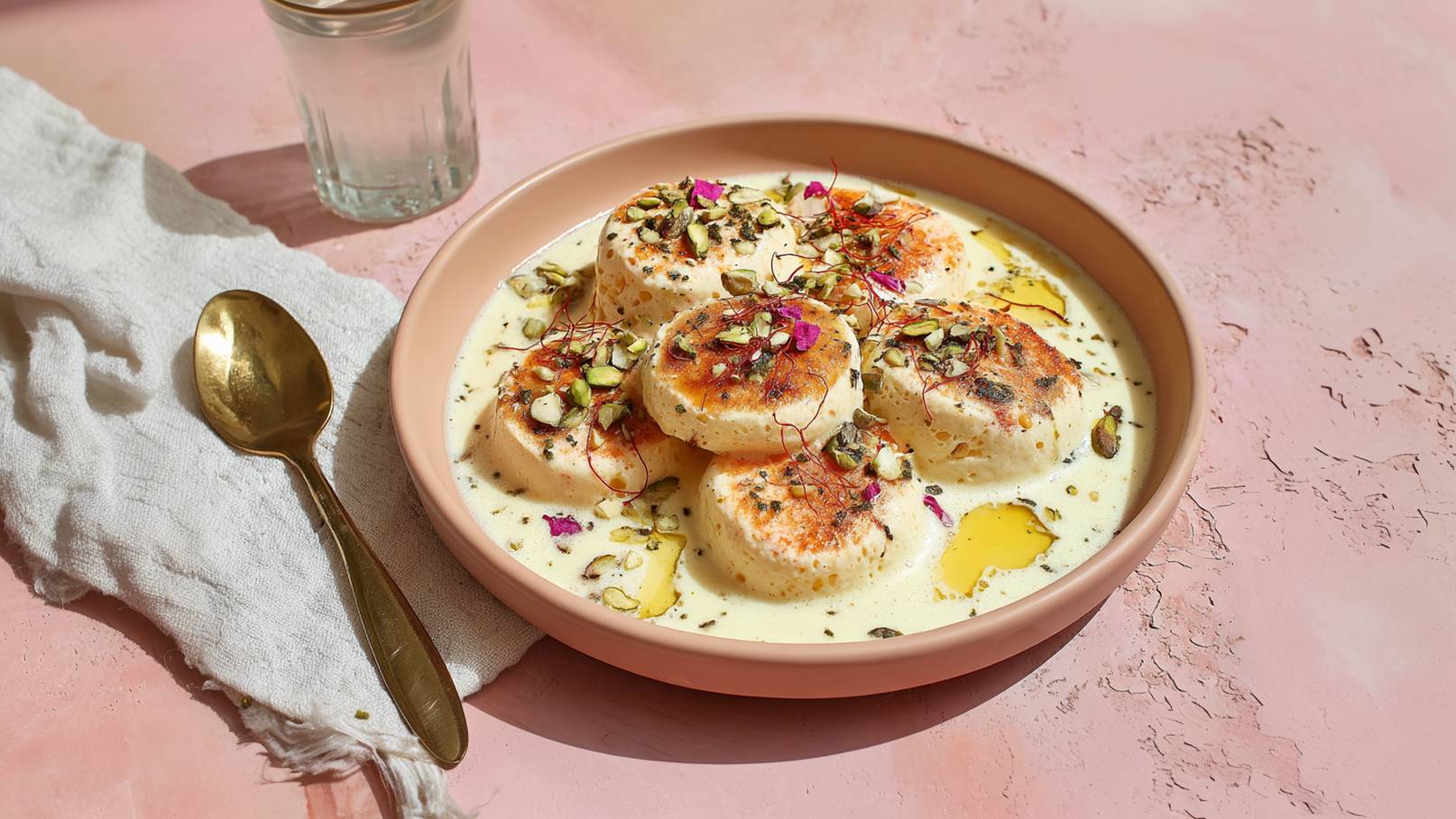 Eine Schüssel mit cremigen, gegrillten Dessertstücken, garniert mit gehackten Pistazien, Blütenblättern und einem Hauch von Safran. Daneben liegt ein goldener Löffel auf einem weißen Tuch, vor einem hellrosa Hintergrund.