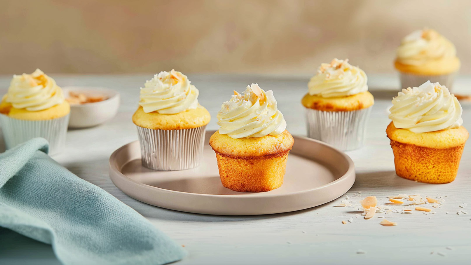 Fünf Muffins mit Kokosnuss-Topping stehen auf einem Teller. Einige sind in Aluminiumfolie, andere ohne. Der Hintergrund ist weich und neutral, während ein Tuch und Kokosraspel im Vordergrund liegen.