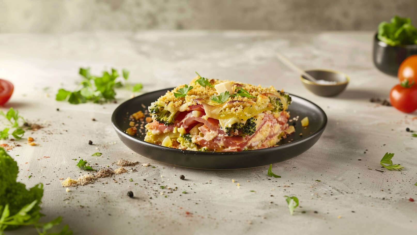 Ein Stück Lasagne mit Brokkoli und Schinken auf einem schwarzen Teller. Die oberste Schicht ist goldbraun und knusprig, garniert mit frischem Grün. Der Teller befindet sich auf einem hellen Tisch, umgeben von Gewürzen und frischen Kräutern.