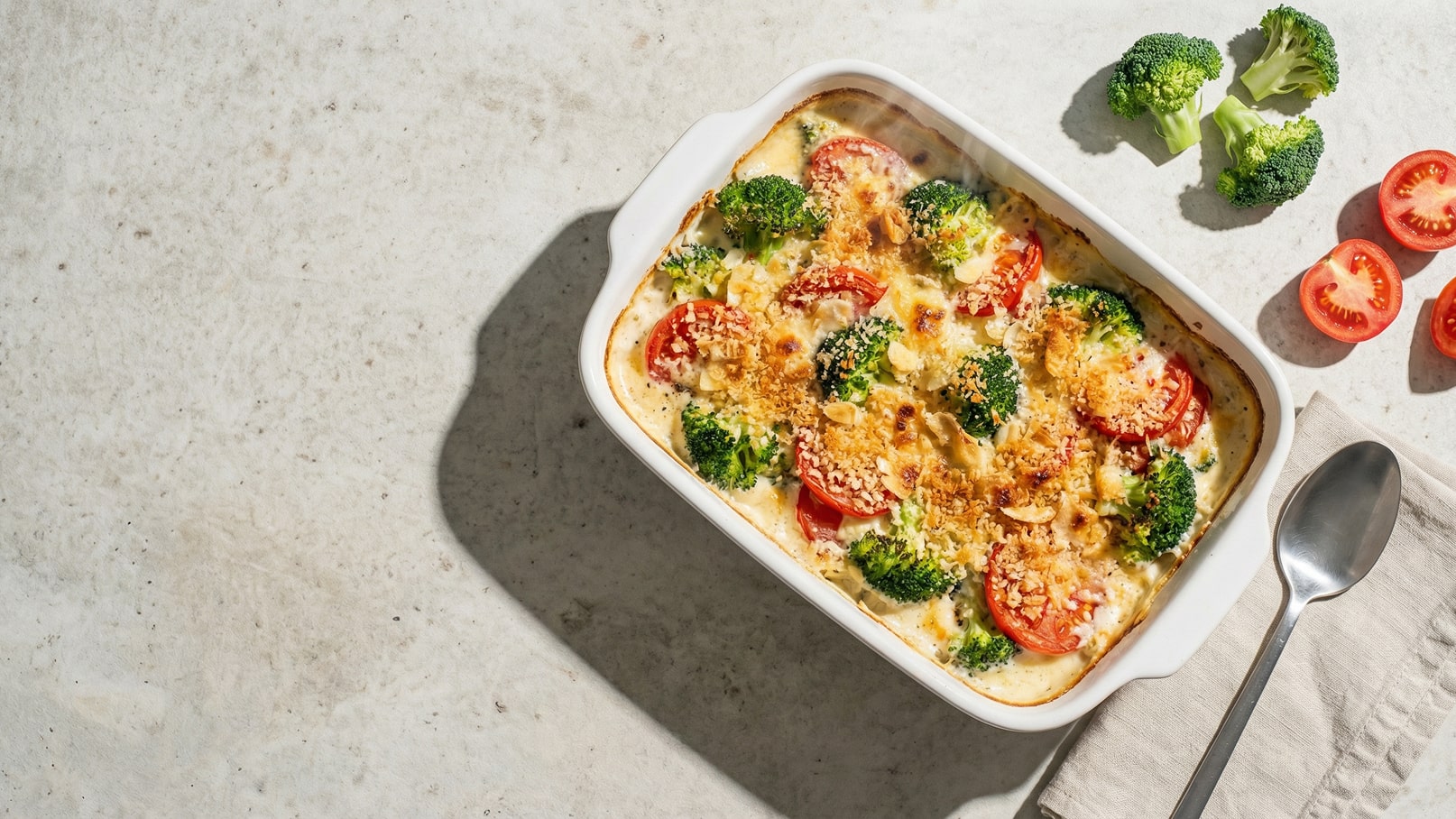Ein Auflauf in einer weißen Form, gefüllt mit Brokkoli und Tomatenscheiben, überbacken mit einer goldenen Käsekruste. Neben dem Auflauf liegen einige frische Tomaten und Brokkoli-Röschen sowie ein Löffel auf einem Geschirrtuch.