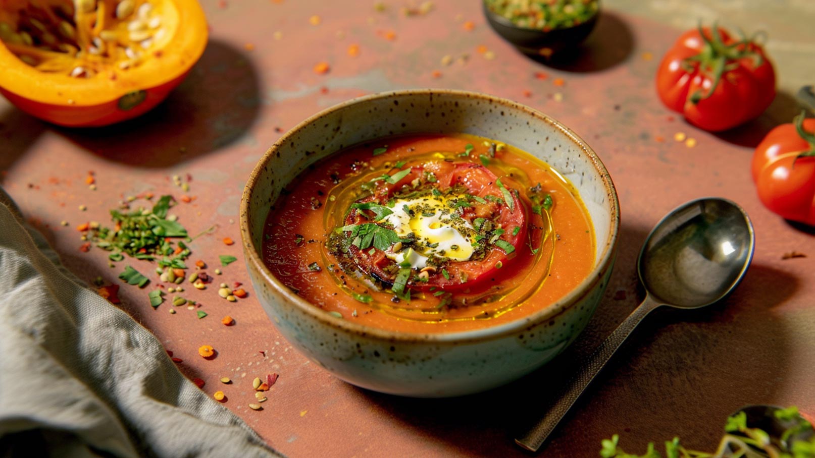 Eine Schüssel mit Tomatensuppe, garniert mit frischen Tomatenscheiben, einem Klecks Sauerrahm und Kräutern. Um die Schüssel liegen Gewürze und frische Tomaten. Ein Löffel steht neben der Schüssel. Die Farben sind lebendig und warm.