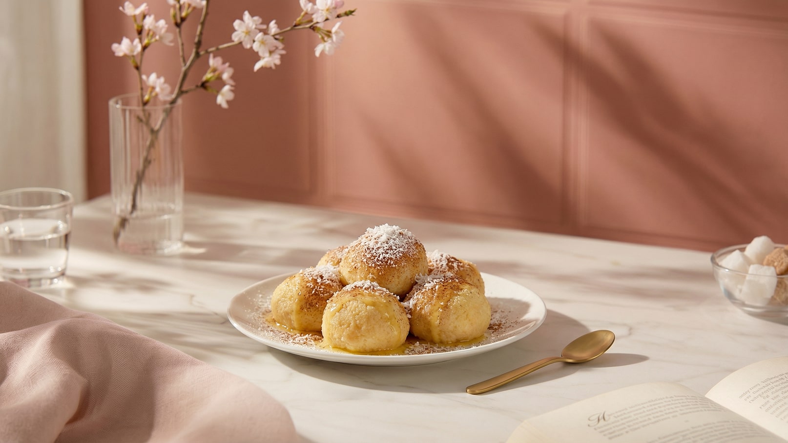 Ein Teller mit sechs kleinen, runden Knödeln, die mit Zucker und Kokosraspeln bestreut sind. Im Hintergrund stehen eine Vase mit Blüten und ein Glas Wasser. Der Tisch ist hell und hat einen sanften, marmorierten Untergrund.