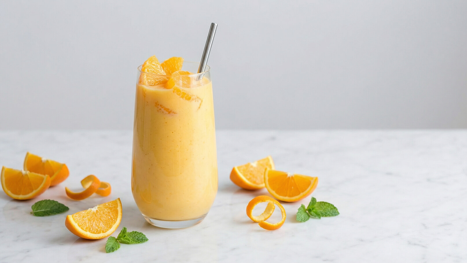 Ein transparentes Glas mit einem orangefarbenen Smoothie, garniert mit Orangenstücken und einem Strohhalm. Um das Glas liegen mehrere frische Orangenscheiben und Minzblätter auf einem marmorierten Tisch.