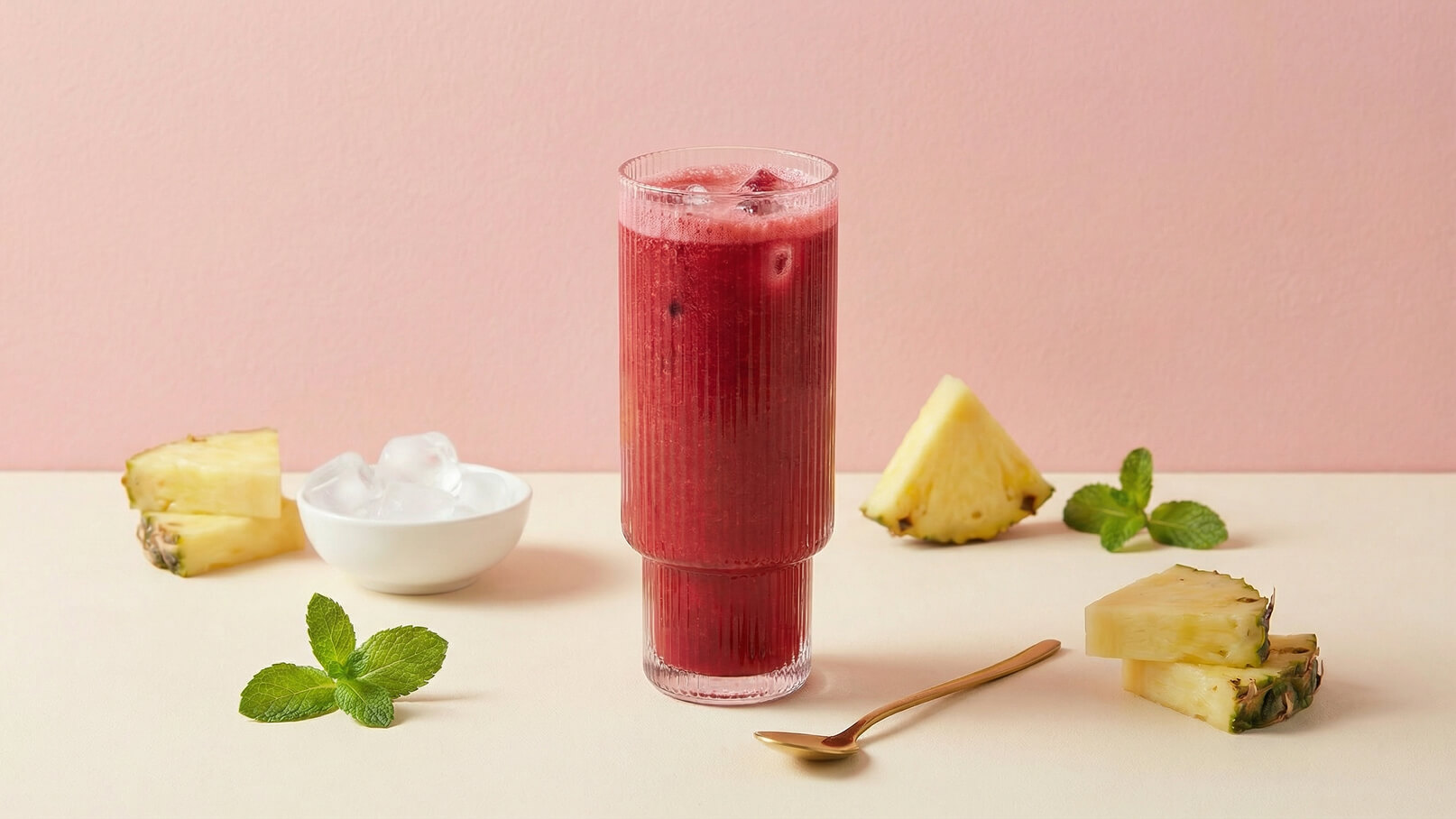 Ein hoher, transparenter Becher mit einem roten Getränk, das Eiswürfel enthält. Neben dem Becher liegen frische Ananasstücke und ein Zweig frischer Minze. Im Hintergrund ist eine pastellfarbene Wand zu sehen.