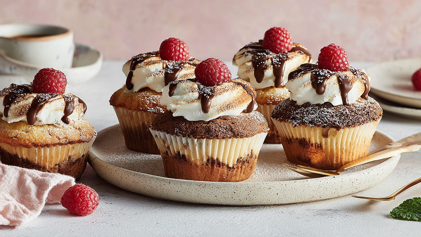 Eine Gruppe von vier Cupcakes auf einem Teller, dekoriert mit Schlagsahne, Schokoladensauce und einer Himbeere. Der Teller steht auf einer hellen Oberfläche, umgeben von einem Tuch und einer weiteren Himbeere.