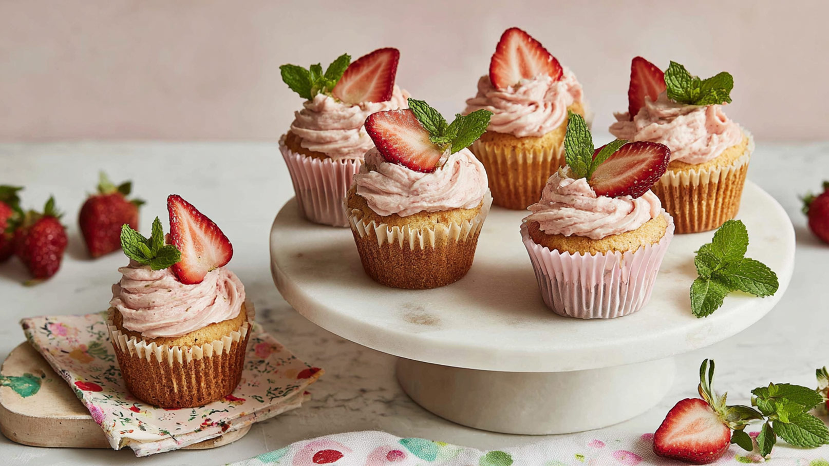 Sechs Cupcakes mit rosa Sahne-Frosting und frischen Erdbeeren sind auf einem weißen Kuchenständer arrangiert. Einige Erdbeeren und Minzblätter sind um den Ständer verteilt.