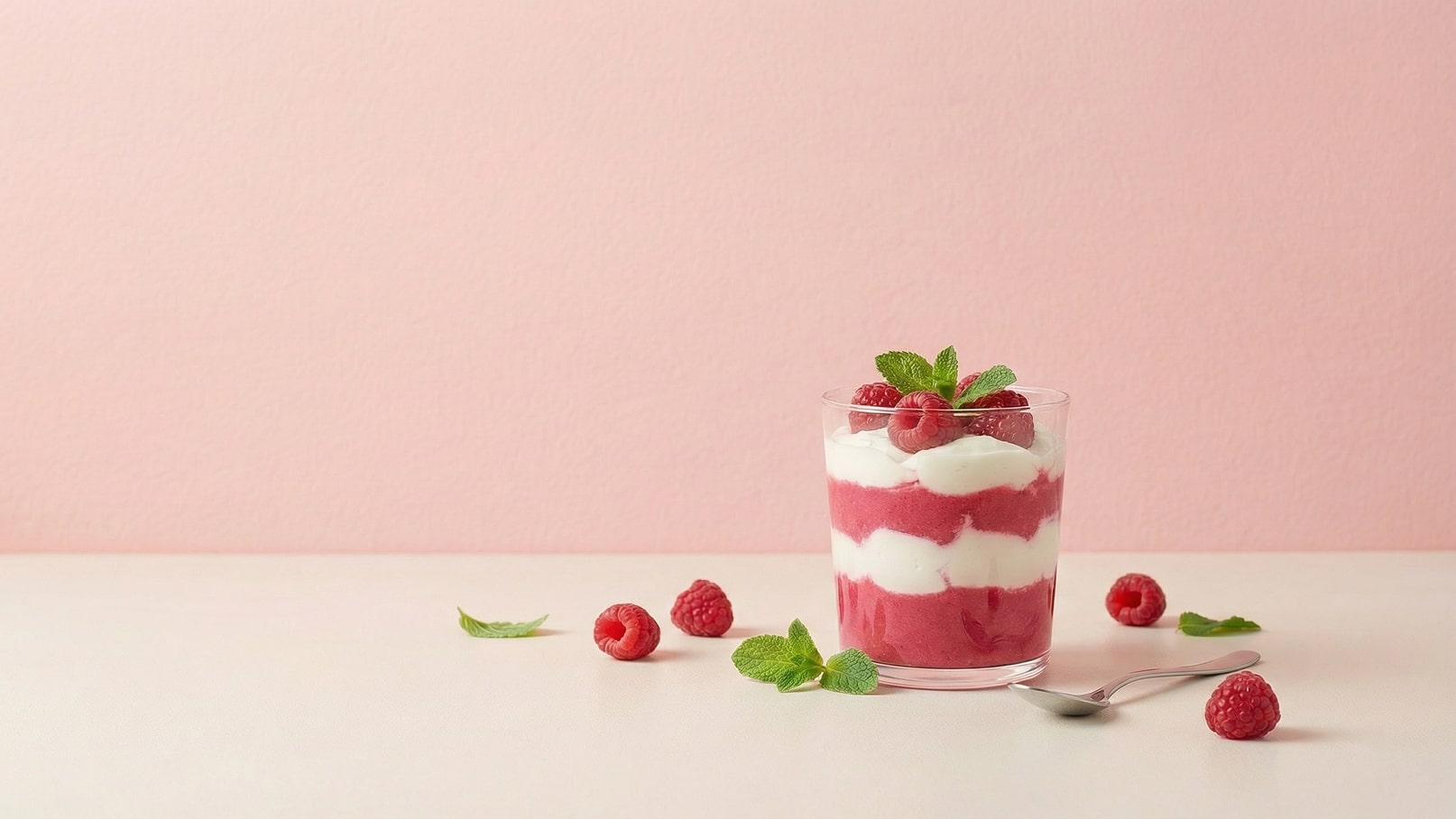 Ein Glas mit luftiger Himbeermousse und Sahne, schichtweise angeordnet. Oben sind frische Himbeeren und Minzblätter dekoriert. Rund um das Glas sind einige Himbeeren und Minzblätter platziert. Der Hintergrund ist in einem sanften Rosa gehalten.