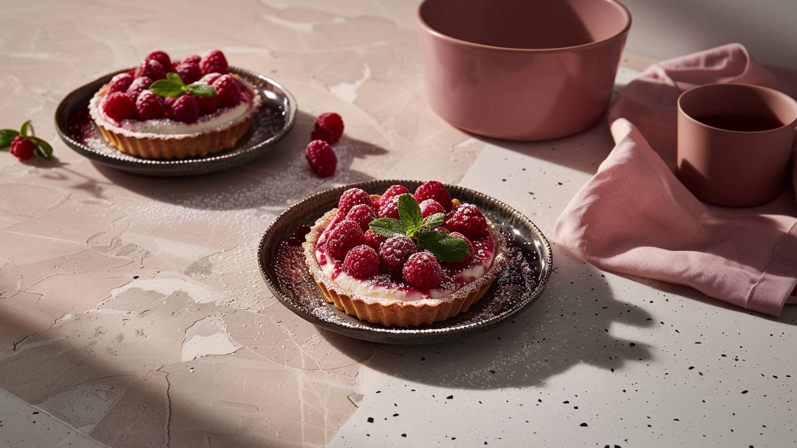 Zwei kleine Torten mit frischen Himbeeren und einem Hauch von Sahne auf silbernen Tellern. Die Torten sind mit Puderzucker bestäubt, und einige Himbeeren liegen verstreut auf der Tischoberfläche. Im Hintergrund sind ein rosa Behälter und eine Serviette sichtbar.