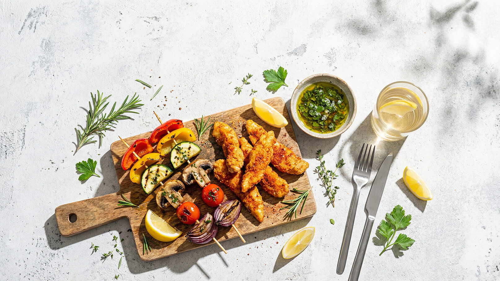 Ein Holzbrett mit gegrilltem Gemüse und panierten Hähnchenstreifen. Die Gemüse bestehen aus Paprika, Zucchini und Champignons. Dazu ein Schälchen mit grüner Sauce und Zitronenscheiben. Ein Glas mit Getränk und Besteck sind ebenfalls sichtbar.