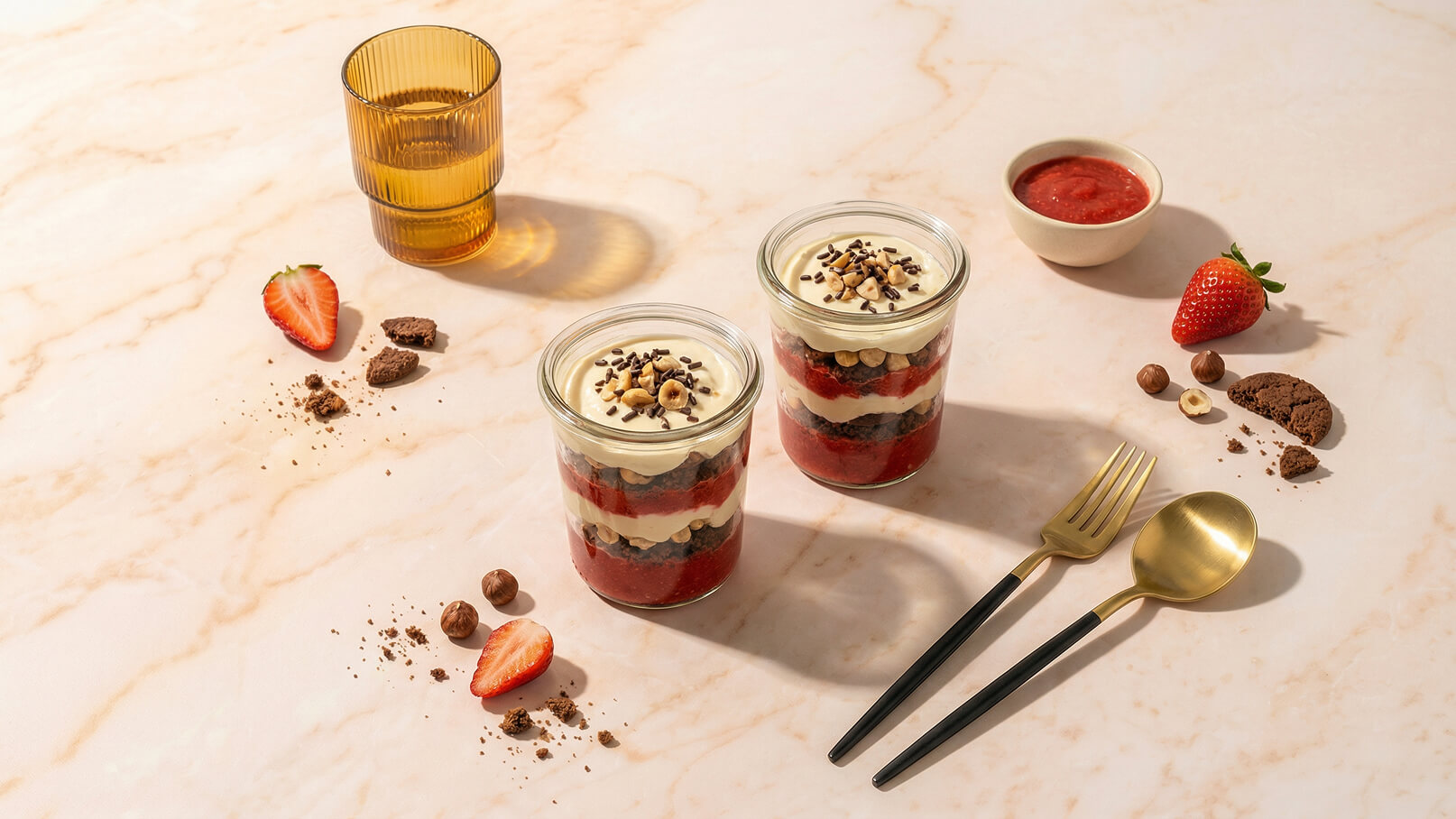 Zwei Gläser mit Schichtdessert stehen auf einem hellen Tisch. Die Desserts enthalten Schichten aus Erdbeeren, Sahne, Schokolade und Keksen, garniert mit gehackten Haselnüssen und Schokoladenspänen. Neben den Gläsern liegen Erdbeeren, Kekse und Besteck aus goldfarbenem Metall.