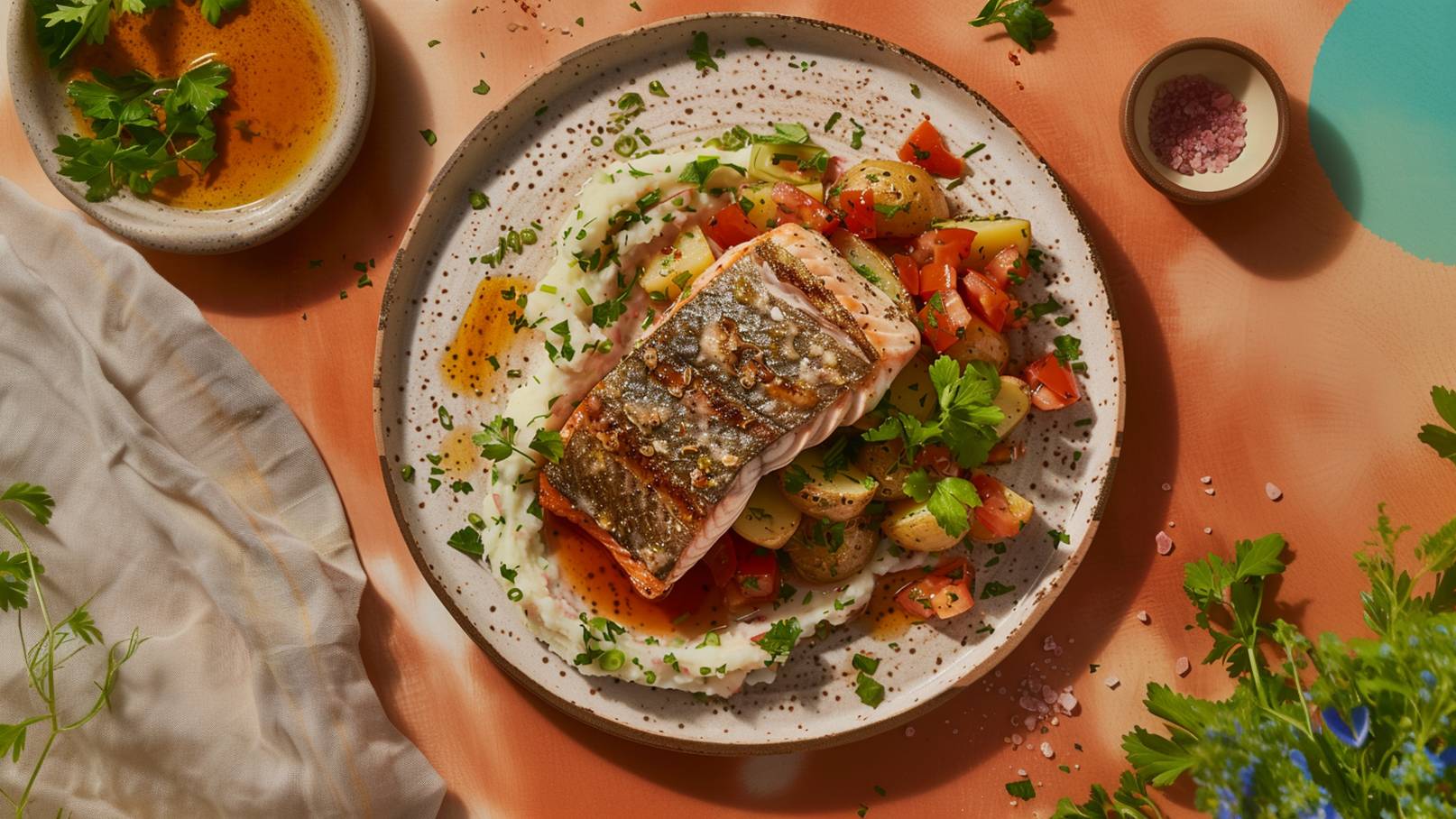 Auf dem Teller liegt ein Stück gegrillter Lachs, umgeben von pürierten Kartoffeln und einer bunten Gemüsemischung aus Tomaten und Kartoffeln. Das Gericht ist mit frischen Kräutern garniert. Daneben befindet sich eine kleine Schale mit Öl und frischen Kräutern.