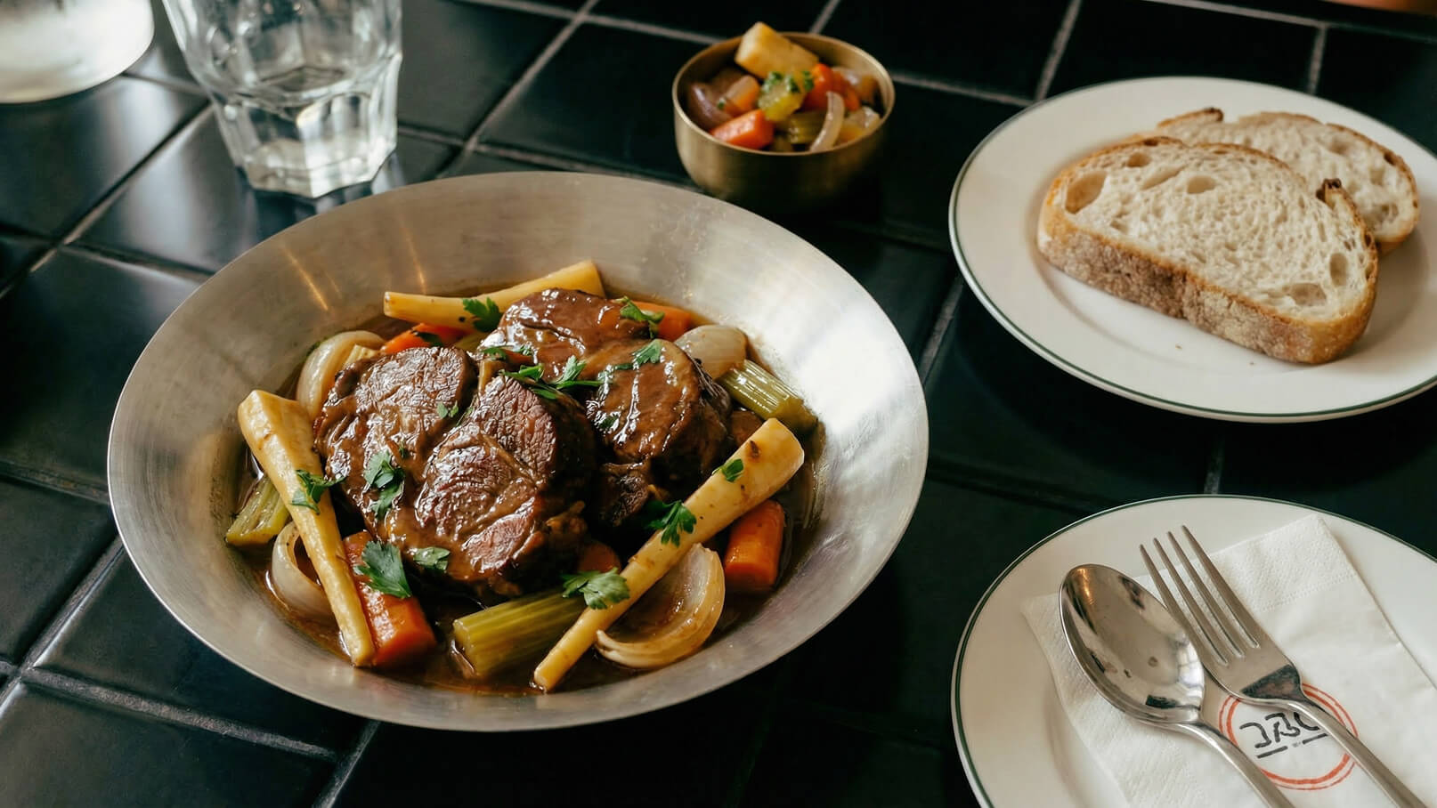 Ein silberner Teller enthält zartes Fleisch mit einer Vielzahl von Wurzelgemüse, darunter Karotten und Sellerie, garniert mit frischer Petersilie. Neben dem Teller liegt ein kleiner Beilagensalat und ein Teller mit zwei Scheiben Brot.