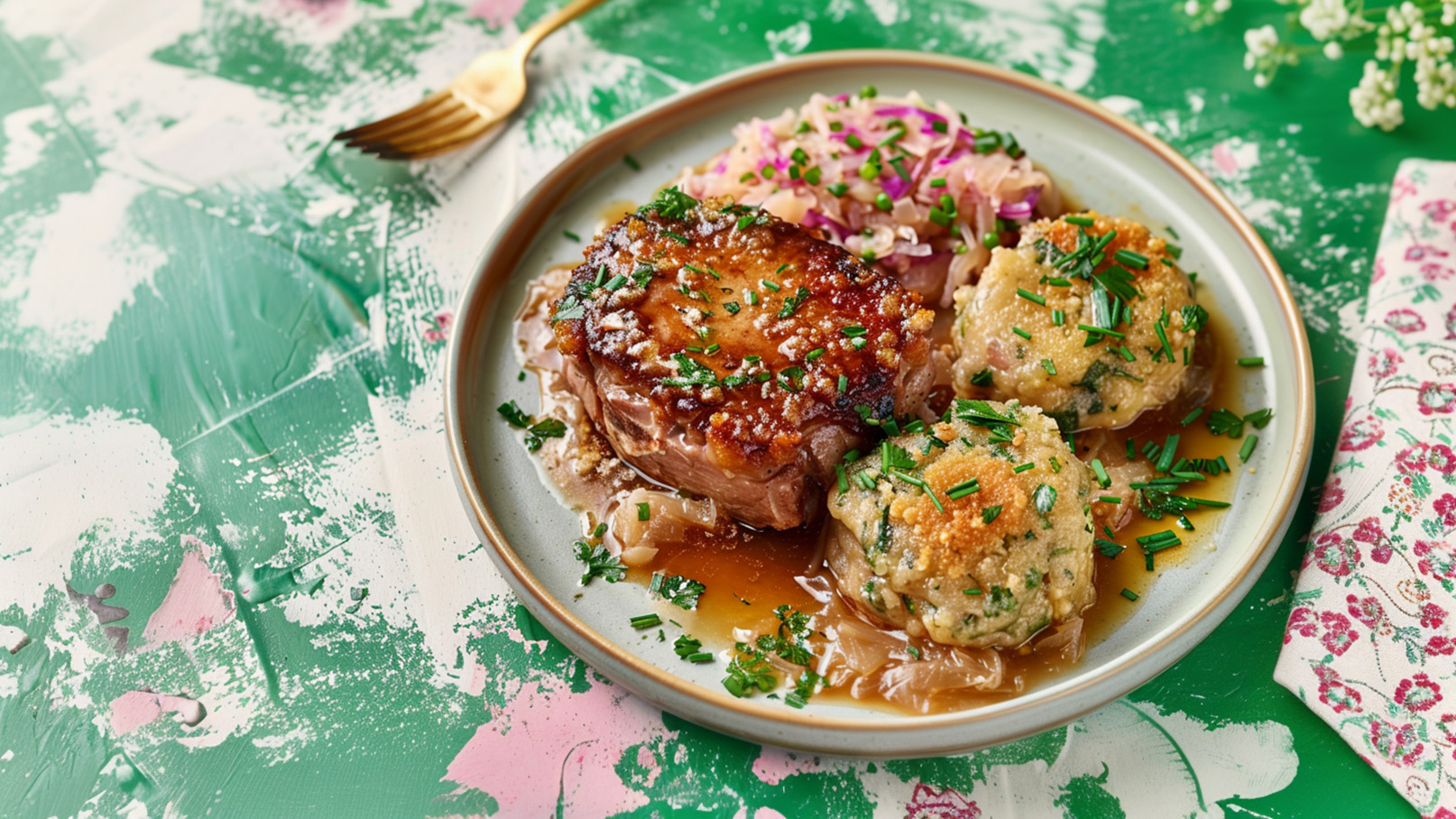 Ein Teller mit gebratenem Fleisch, umgeben von zwei Klößen und einem bunten Krautsalat. Das Gericht wird von frischen Kräutern, wie Schnittlauch, dekoriert. Der Hintergrund zeigt eine grün-weiße Fläche mit zarten Farbklecksen, die eine freundliche Atmosphäre schafft.