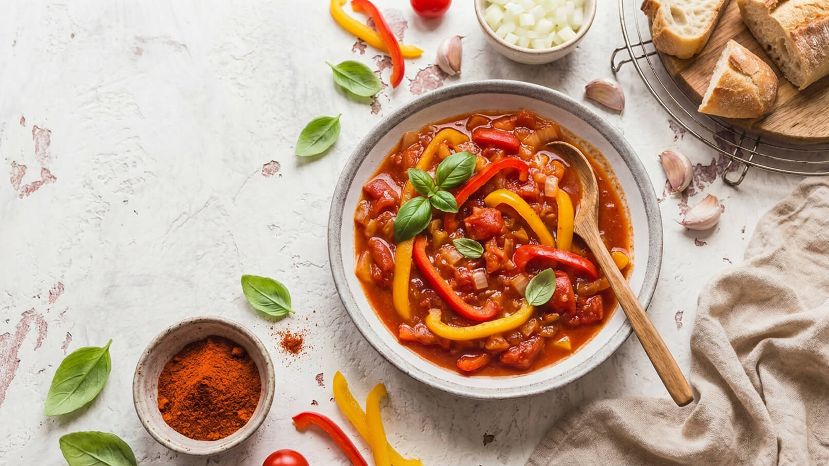 Ein tiefes Schüsselchen mit bunter Paprikasauce, angereichert mit Tomaten und frischen Basilikumblättern. Daneben ein kleiner Behälter mit Paprikapulver und einige frische Zutaten wie Zwiebeln und Knoblauch. Im Hintergrund ist Brot zu sehen.
