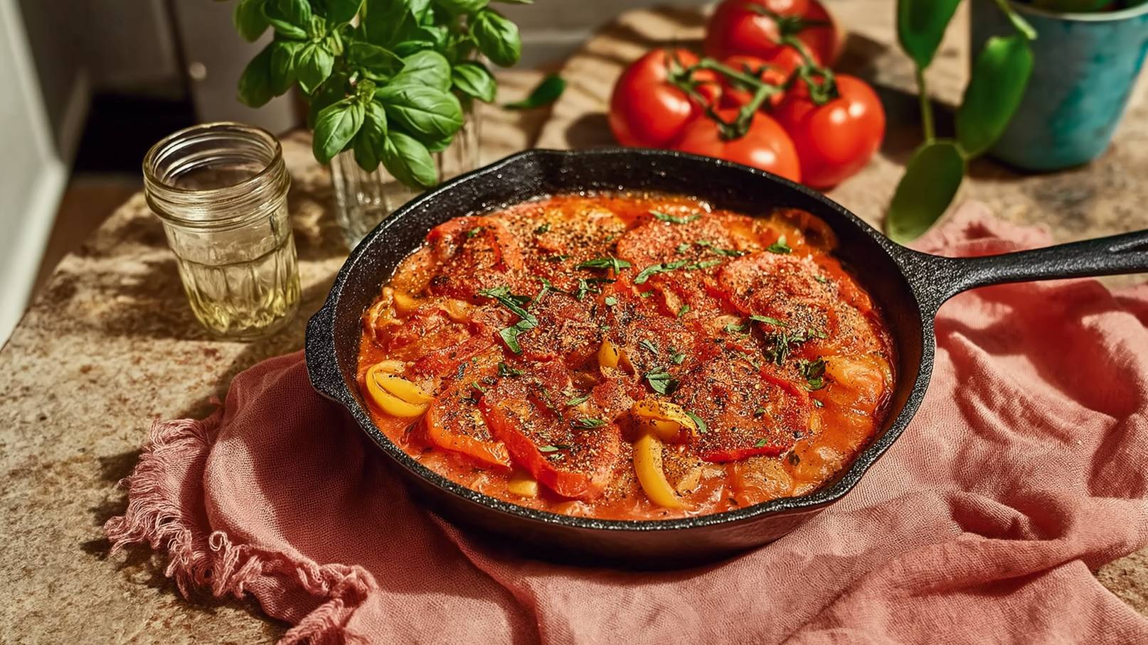 Eine schwarze Pfanne mit einem bunte Mischung aus Tomaten, Zwiebeln und Gewürzen, garniert mit frischen Kräutern. Im Hintergrund sind einige frische Tomaten und ein kleiner Basilikumpflanze zu sehen. Die Szenerie vermittelt ein einladendes und frisches Kochgefühl.