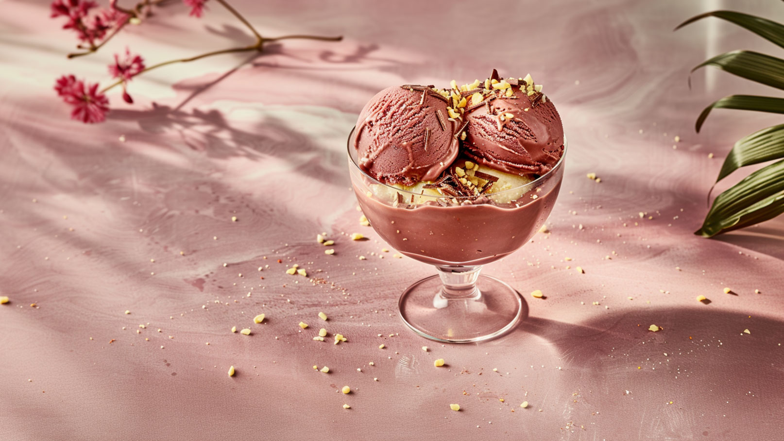 Eine Schale mit zwei Kugeln Schokoladeneis und einer Portion Vanillecreme. Das Eis ist mit Schokoladenraspeln und gehackten Nüssen garniert. Die Schale steht auf einer zarten, rosa Oberfläche, die mit einigen Nussstückchen dekoriert ist.