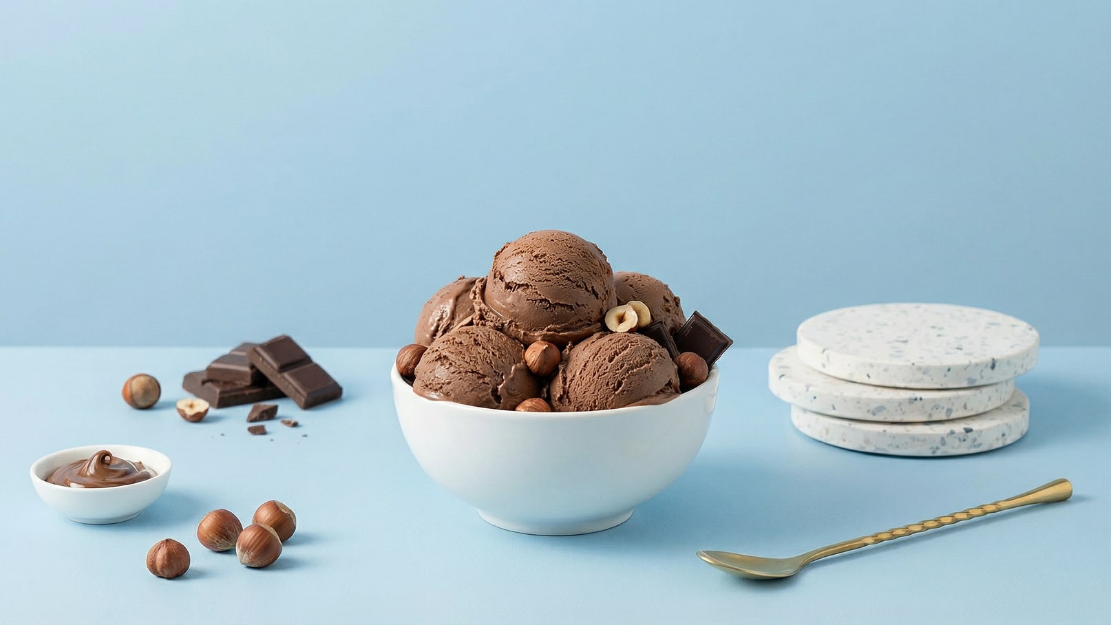 Eine weiße Schüssel mit mehreren Kugeln Schokoladeneis, umgeben von Haselnüssen und Schokoladenstücken. Der Hintergrund ist blau.