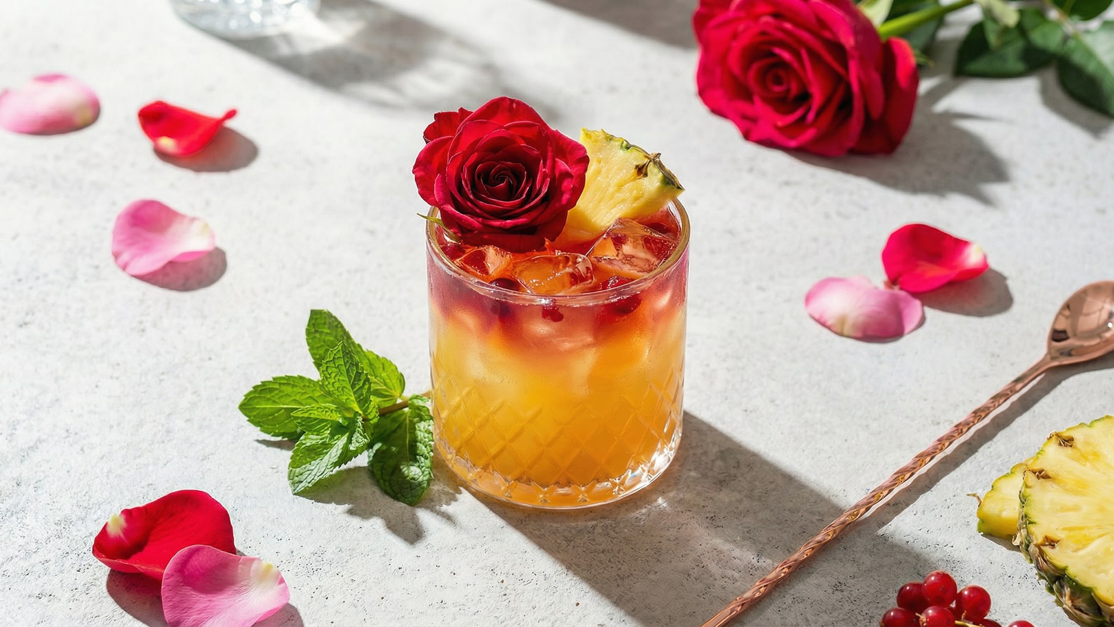 Ein Cocktail mit Eiswürfeln in einem Glas, dekoriert mit einer roten Rose und einem Stück Ananas. Um das Glas liegen einige Rosenblütenblätter und frische Minzblätter. Der Hintergrund ist hell und strukturiert.