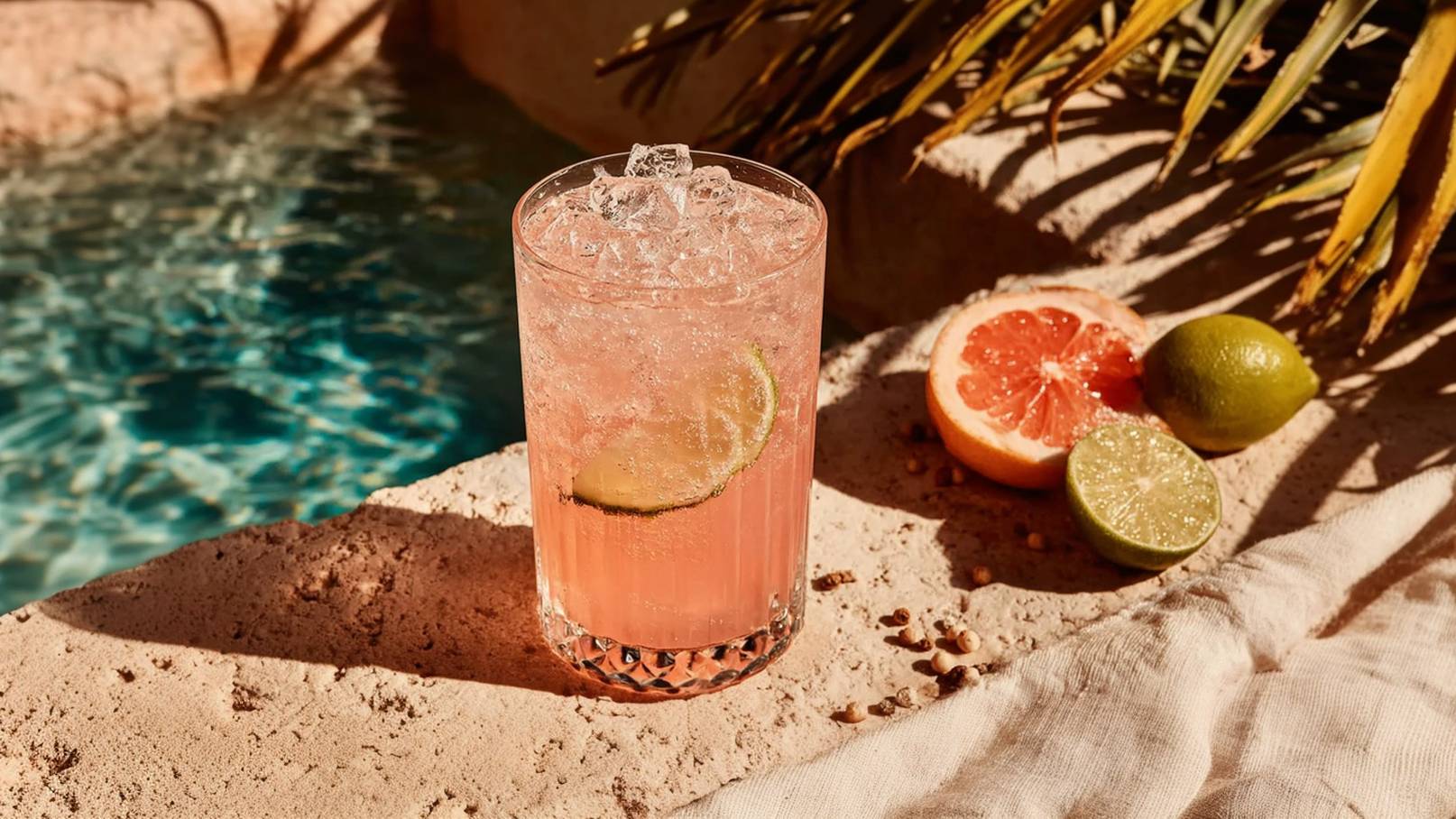 Ein Glas mit einem pinken Getränk, gefüllt mit Eiswürfeln und einer Limettenscheibe, steht auf einer sandfarbenen Oberfläche. Neben dem Glas liegen eine halbe Grapefruit und eine Limette. Im Hintergrund sieht man einen blauen Pool.