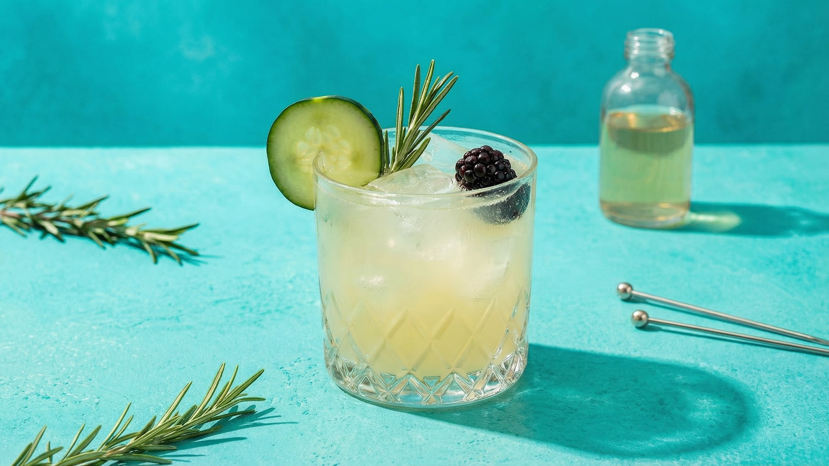 Ein erfrischender Cocktail in einem dekorativen Glas, serviert mit Eis, einer Gurkenscheibe, frischem Rosmarin und einer Brombeere als Garnitur. Im Hintergrund steht eine kleine Flasche. Der Untergrund ist in einem auffälligen Türkis gehalten.