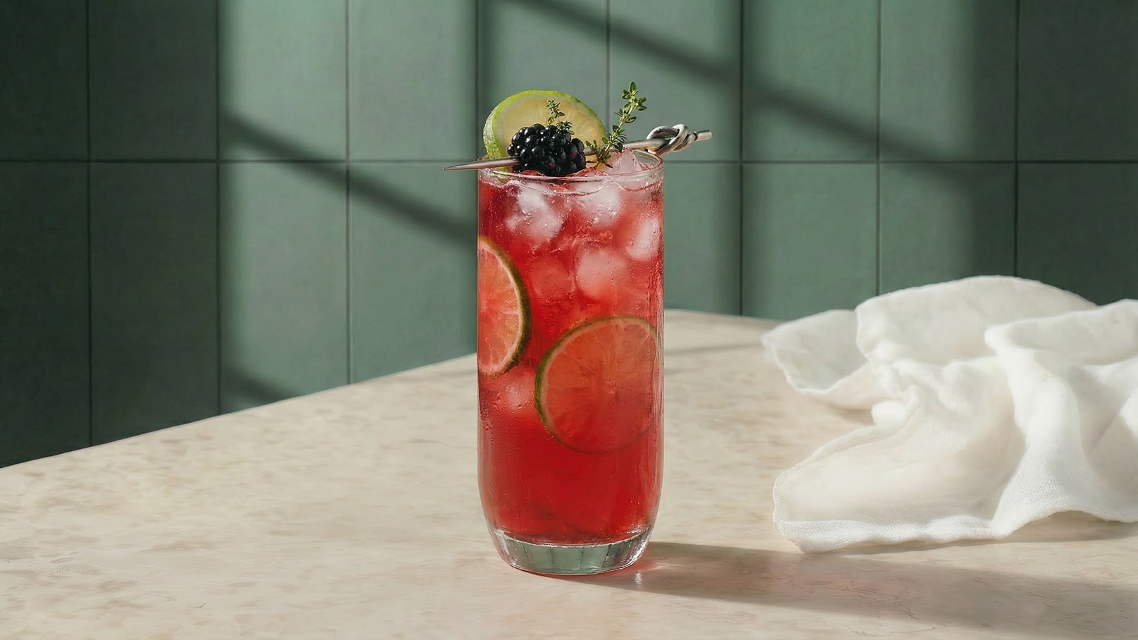 Ein hoher Cocktailglas steht auf einem hellen Tisch. Der Drink ist rot mit Eiswürfeln, garnniert mit Limettenscheiben, einem Blatt Thymian und einer Brombeere. Im Hintergrund sind grüne Fliesen sichtbar, die einen modernen Rahmen bilden.