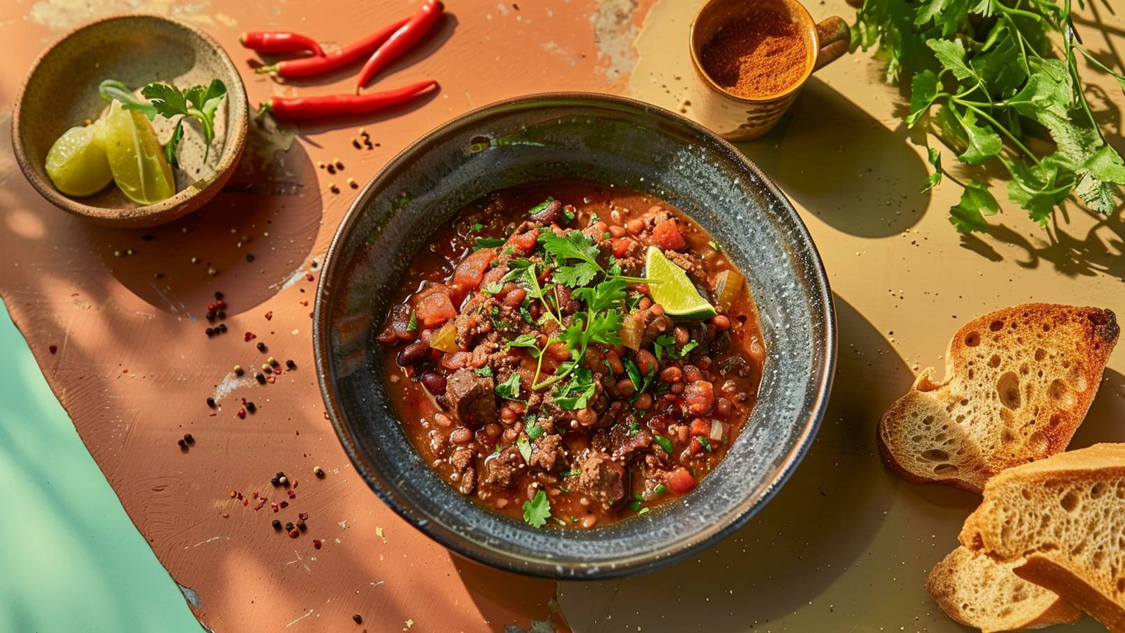 Eine Schüssel mit herzhaftem Chili, gefüllt mit Fleisch, Bohnen und Tomaten, garniert mit frischem Koriander und einer Limettenscheibe. Daneben liegt ein kleiner Teller mit Limettenstücken und ein paar Scheiben geröstetes Brot. Rote Chilischoten und Gewürze sind ebenfalls sichtbar.
