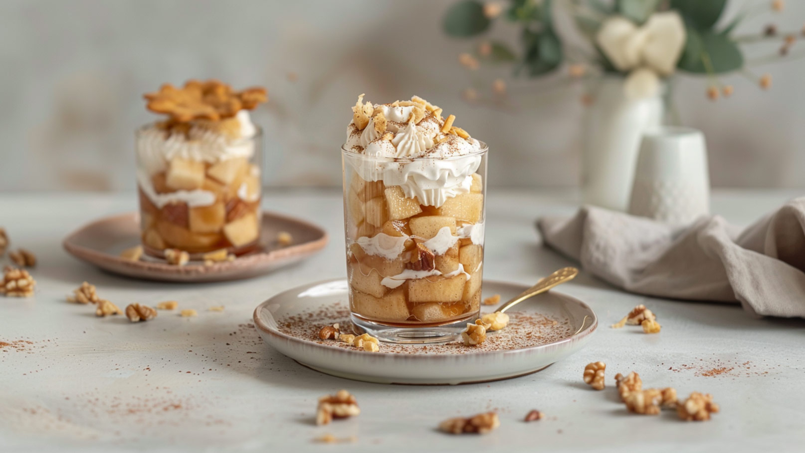 Zwei Dessertgläser mit geschichteten Äpfeln, Schlagsahne und knusprigen Keksen. Ein Glas ist mit einer Keksblume dekoriert. Auf dem Tisch liegen verstreute Walnüsse und Zimt. Im Hintergrund ist eine Vase mit grünen Zweigen sichtbar.