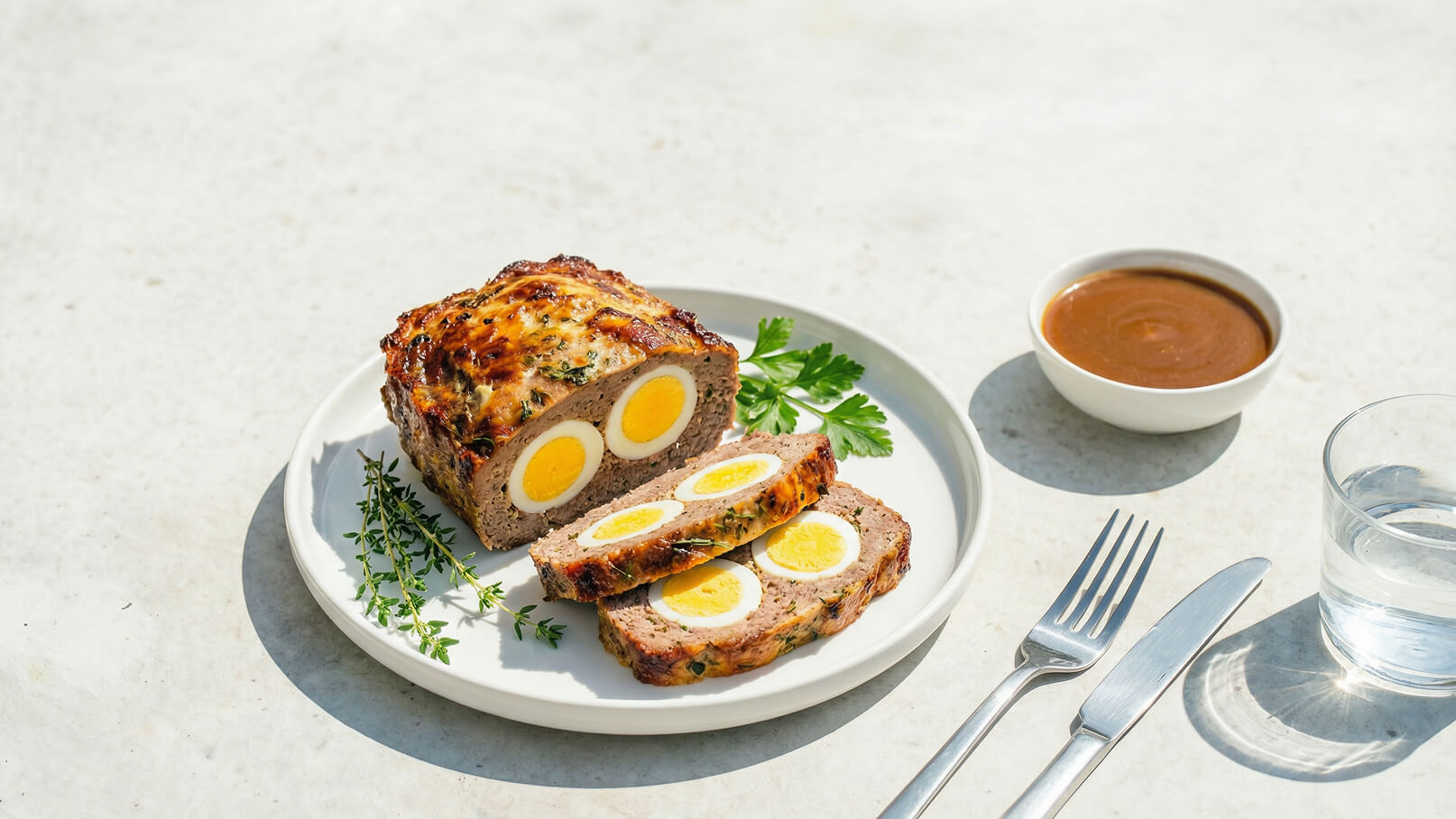 Ein auf einem Teller angerichteter Fleischloaf, in Scheiben geschnitten, zeigt eingelegte Eier in der Füllung. Frische Kräuter, wie Thymian und Petersilie, garnieren den Teller. Neben dem Fleischloaf befindet sich eine kleine Schüssel mit Soße.
