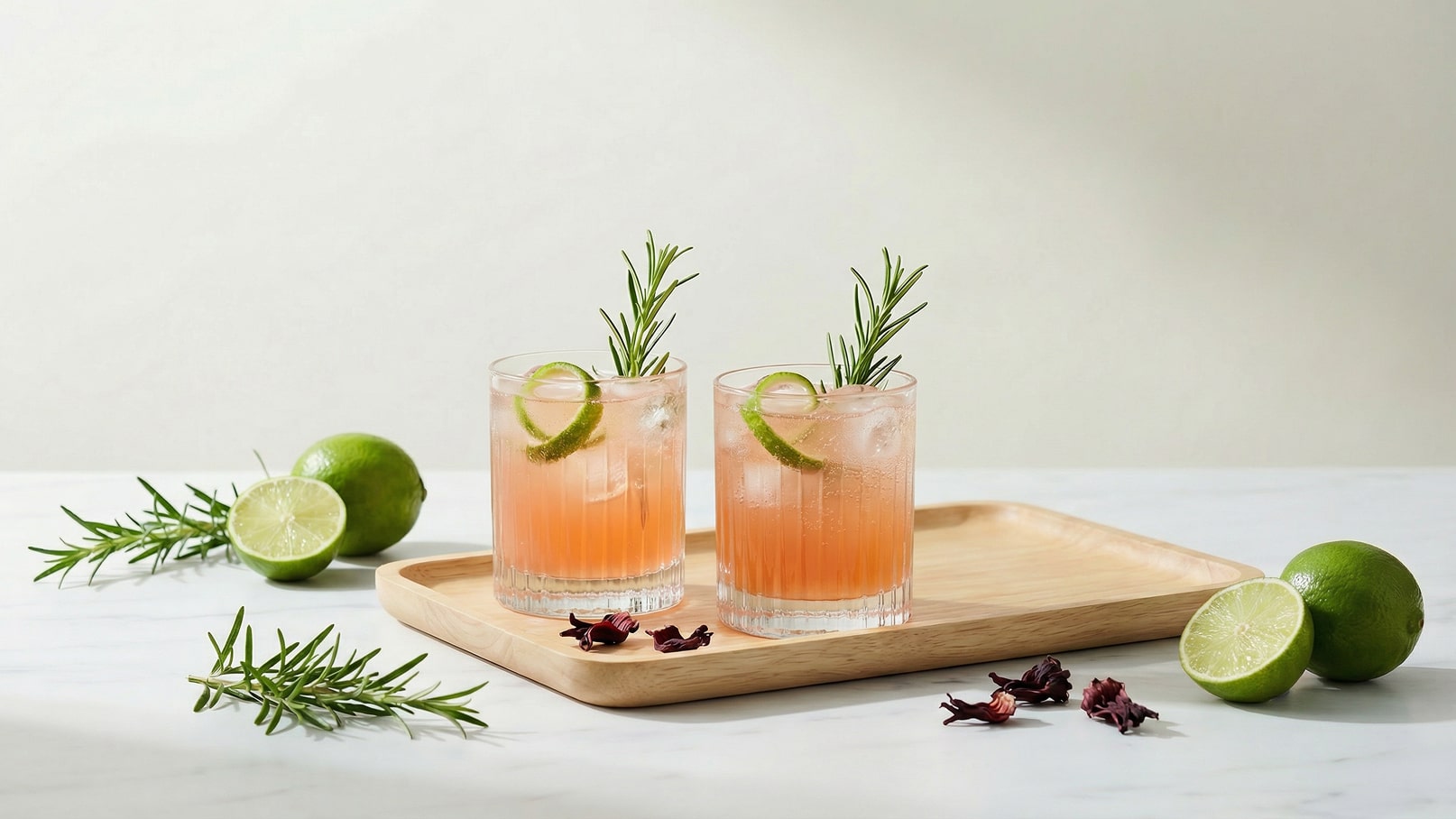 Zwei Gläser mit einem rosa Getränk sind auf einem Holztablett angeordnet. Die Gläser sind mit Eis, Limettenscheiben und Rosmarinzweigen dekoriert. Neben den Gläsern liegen frische Limetten und einige Blüten. Der Hintergrund ist hell und neutral.