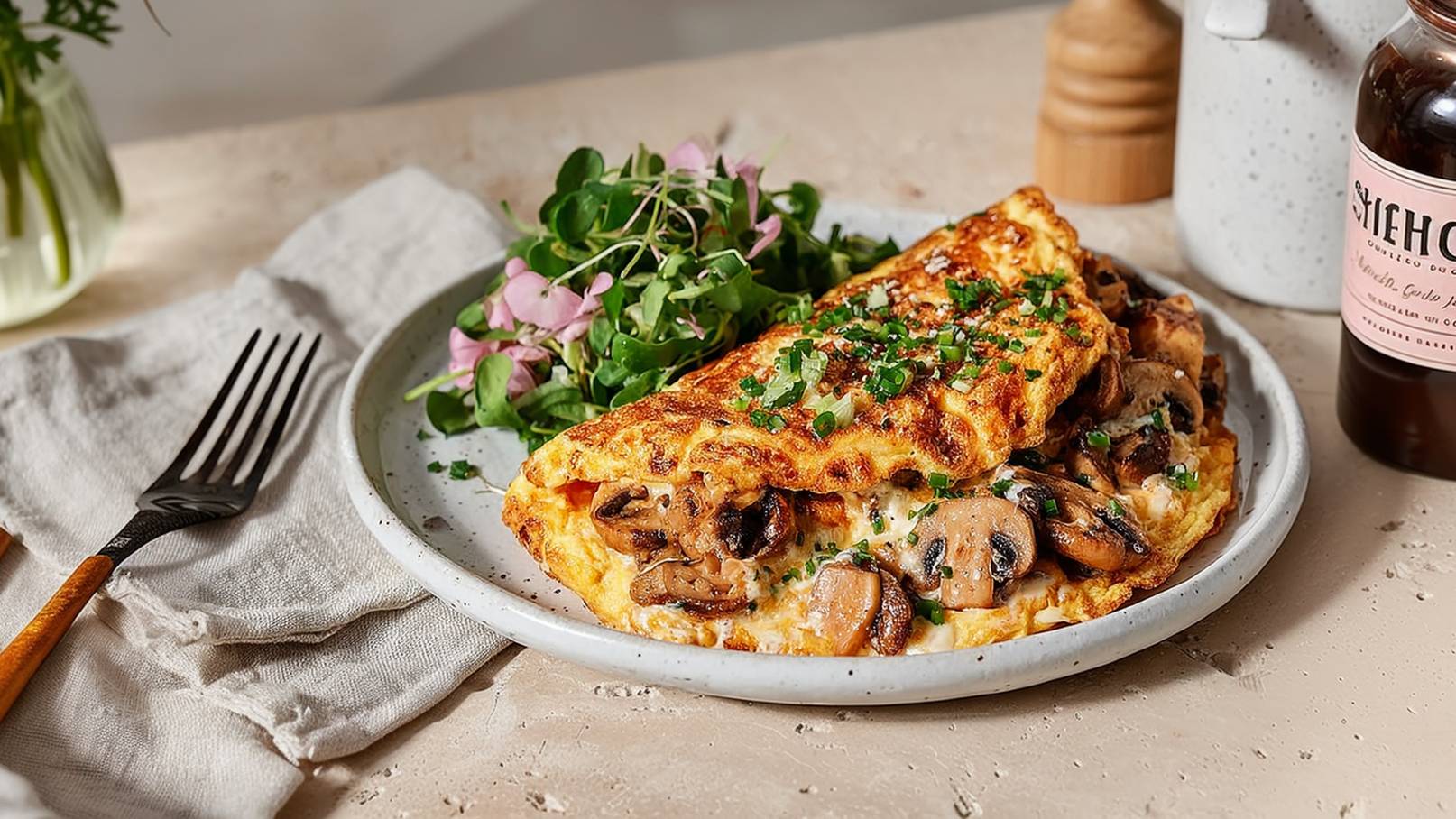 Ein Teller mit einer gefüllten Omelette, garniert mit frischem Schnittlauch. Neben der Omelette liegt ein Salat aus frischen Blättern und essbaren Blüten. Der Tisch ist in neutralen Farben gehalten. Ein Besteckset und eine kleine Flasche Getränk sind ebenfalls sichtbar.