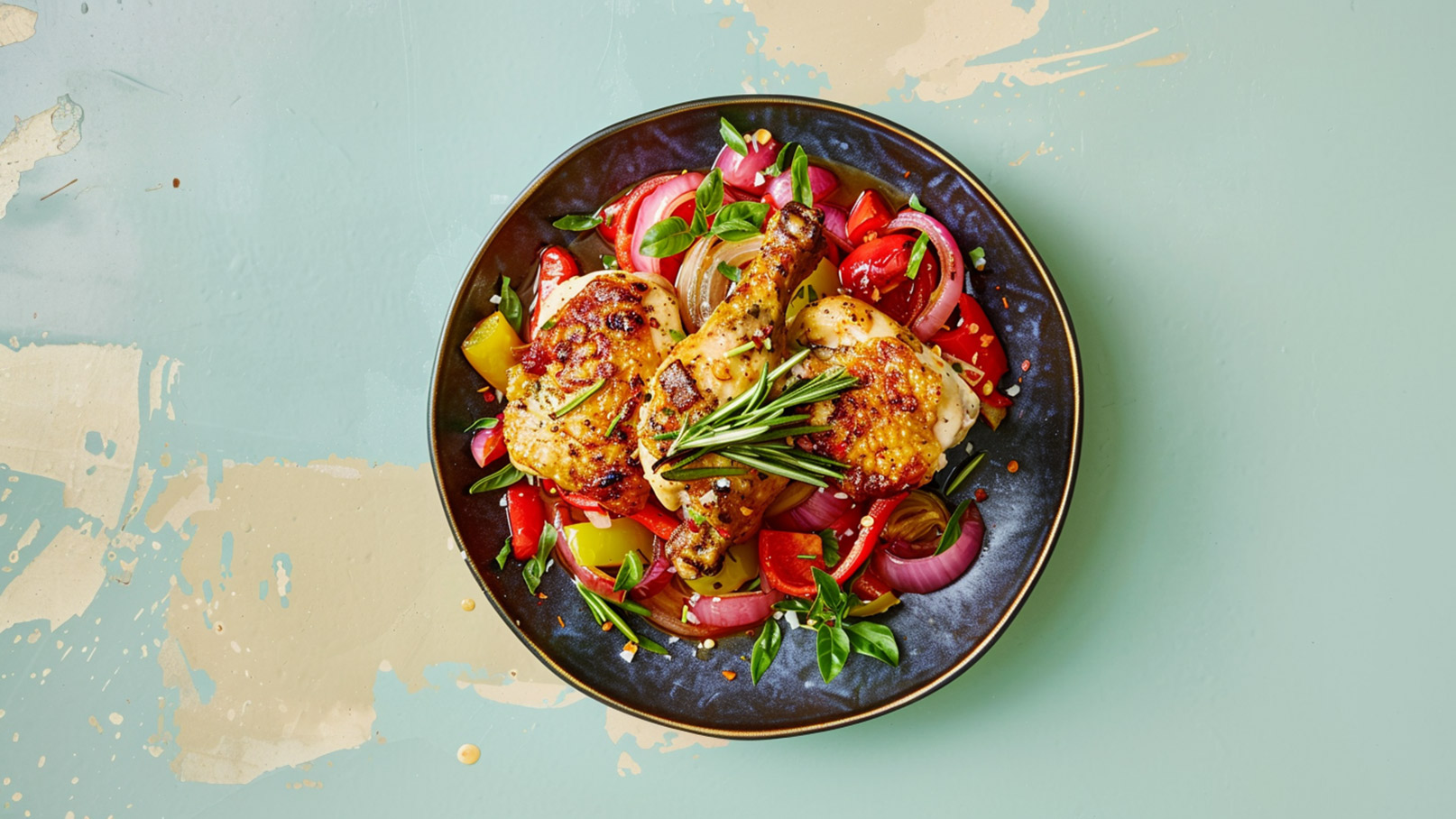 Ein Teller mit zwei gegrillten Hähnchenschenkeln liegt auf einem bunten Gemüsebett aus Paprika, Zwiebeln und frischen Kräutern. Das Gericht strahlt einladende Farben und Aromen aus.