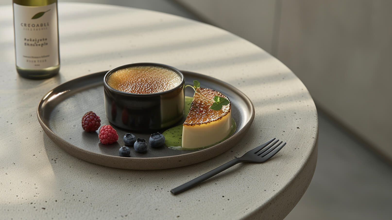 Ein Teller mit zwei Desserts: ein rundes Crème brûlée und ein Stück Panna Cotta, garniert mit frischen Himbeeren und Heidelbeeren. Neben dem Teller liegt eine schwarze Gabel. Der Hintergrund ist minimalistisch und hell.