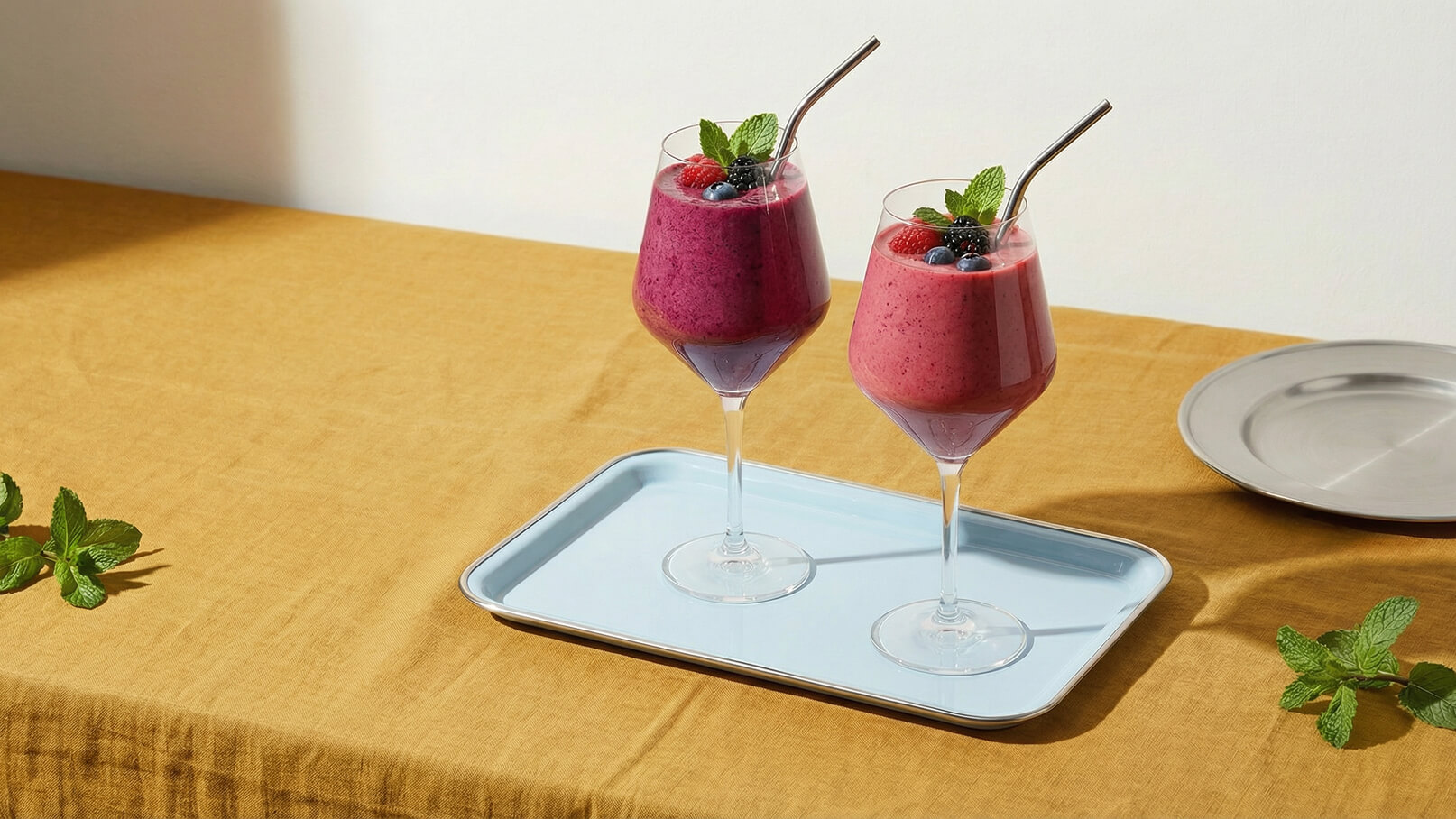Zwei hohe Gläser mit bunten Smoothies stehen auf einem blauen Tablett. Die Smoothies sind mit frischen Beeren und Minzblättern garniert. Der Tisch ist mit einer goldenen Tischdecke bedeckt.