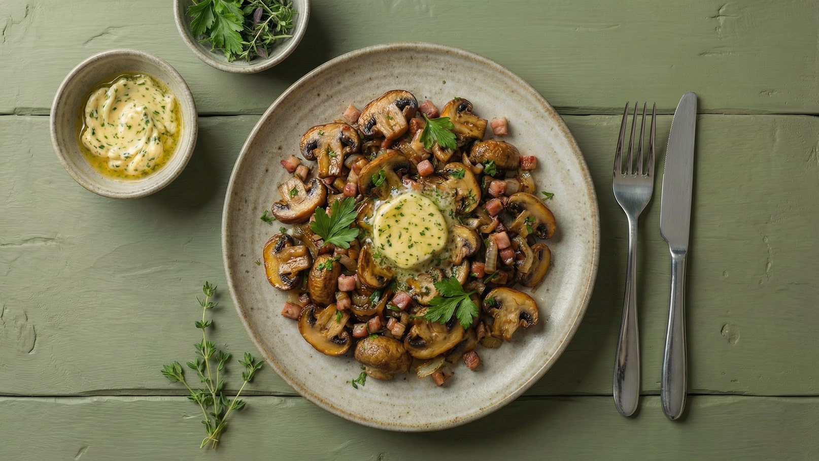 Ein Teller mit sautierten Champignons und gewürfeltem Schinken, garniert mit frischer Petersilie und einem Klecks Kräuterbutter in der Mitte. Daneben befindet sich eine kleine Schüssel mit einer cremigen Sauce und einige frische Kräuter auf einem grünen Tisch.