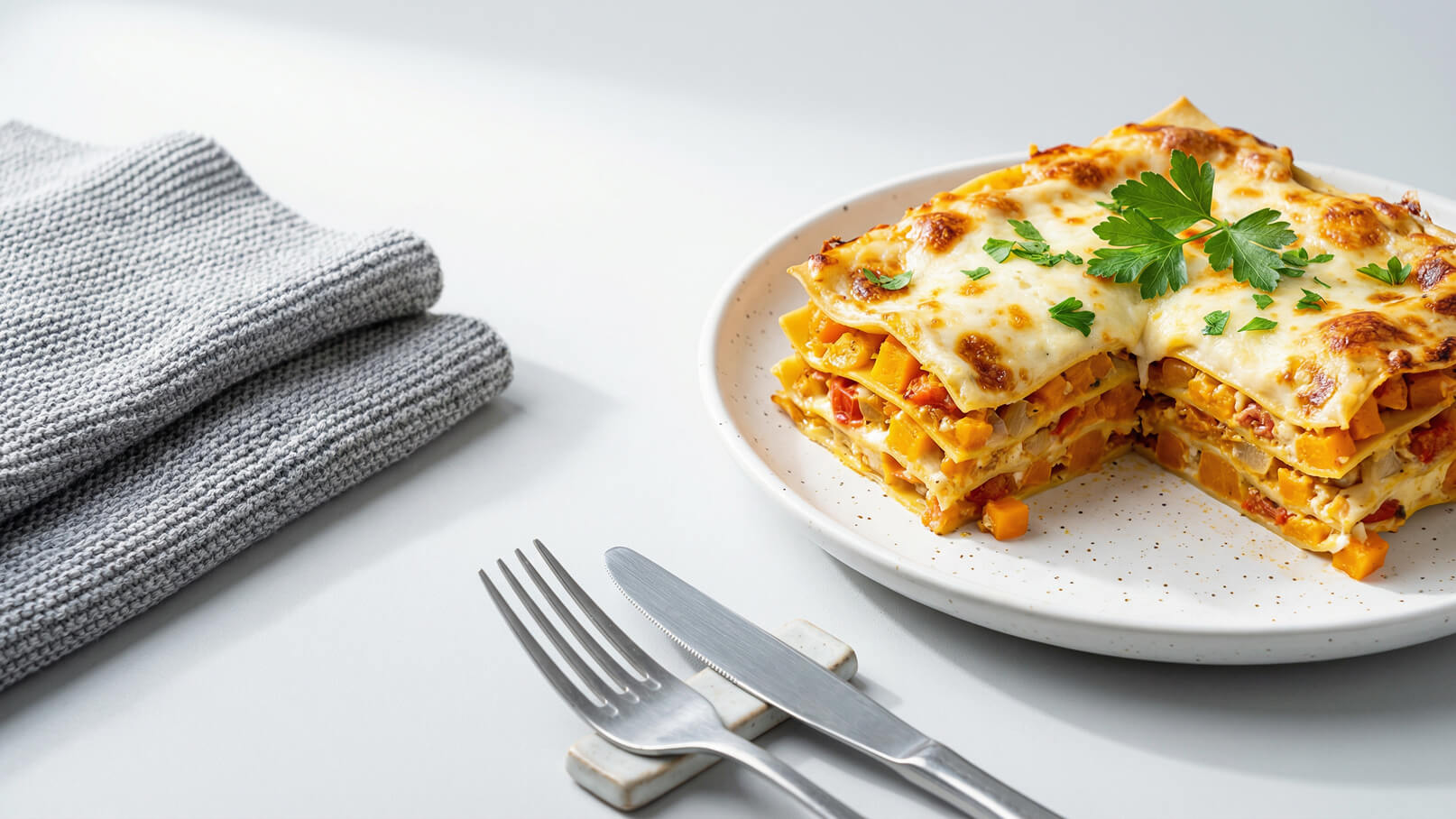 Ein Teller Lasagne mit schmelzendem Käse und gestapelten Schichten von Gemüse, eingebettet in Tomatensauce. Die Lasagne ist mit frischer Petersilie garniert. Daneben liegen ein Messer und eine Gabel auf einem weißen Tisch.