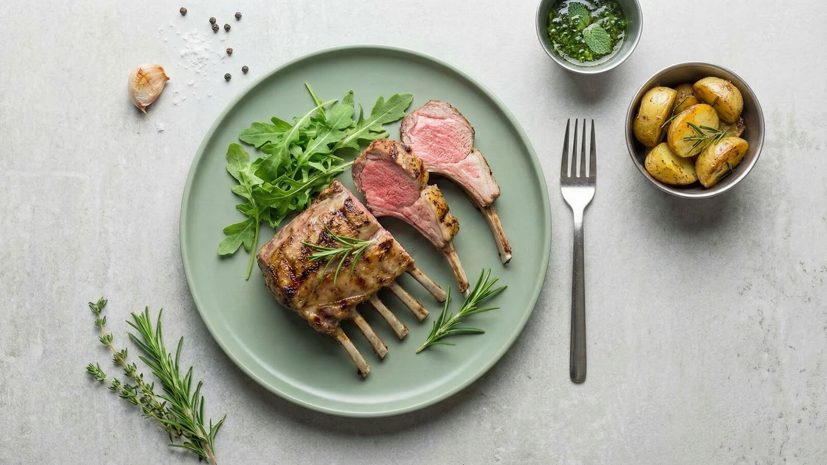 Auf einem grünen Teller liegt gegrilltes Lammrippchen, das zum Teil aufgeschnitten ist. Neben dem Fleisch befindet sich frischer Rucola und einige Rosmarinnadeln. In einer kleinen Schüssel daneben sind gebratene Kartoffeln zu sehen.
