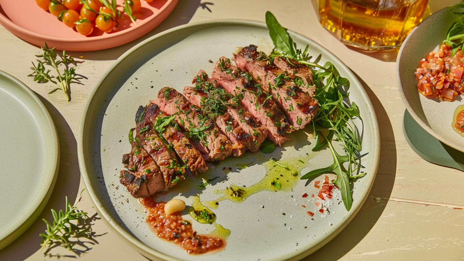 Ein Teller mit gegrilltem Steak, in Scheiben geschnitten und mit frischen Kräutern sowie etwas Öl und Gewürzen garniert. Neben dem Steak liegen einzelne Blätter Rucola. Im Hintergrund sind eine Schüssel mit frischen Tomaten und eine kleine Schale mit Salsa sichtbar.