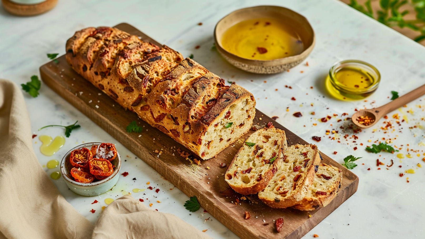 Ein herzhaftes Brot mit getrockneten Tomaten, frisch auf einem Holzbrett serviert. Einige Scheiben sind geschnitten und liegen daneben. Im Hintergrund befinden sich eine Schale mit Olivenöl und getrockneten Kräutern.