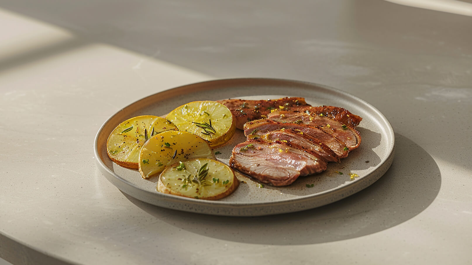 Ein Teller mit gegrilltem Fleisch, das in Scheiben geschnitten ist, und gebratenen Zitronenscheiben. Die Zitronen sind mit Kräutern und Gewürzen bestreut. Der Hintergrund ist hell und unaufdringlich, was das Gericht in den Fokus rückt.