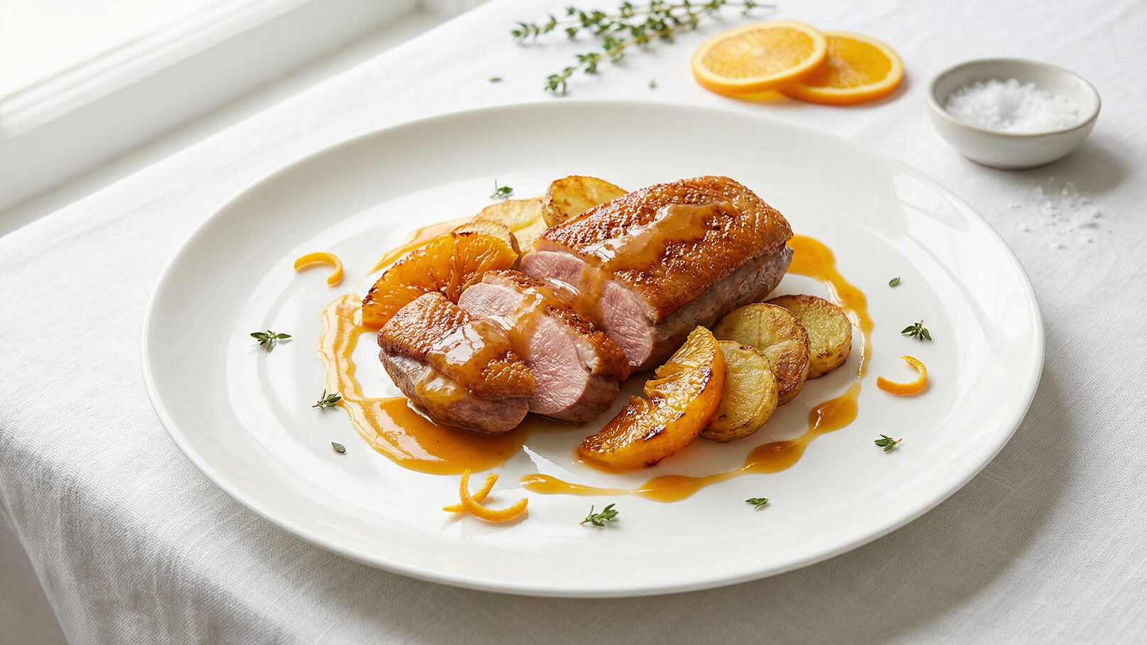 Auf dem Teller liegt ein Stück gebratene Ente, das in einer fruchtigen Sauce serviert ist. Neben der Ente befinden sich goldene, gebratene Kartoffelscheiben und Scheiben von Orange. Das Gericht ist kunstvoll angerichtet und mit frischen Kräutern garniert.