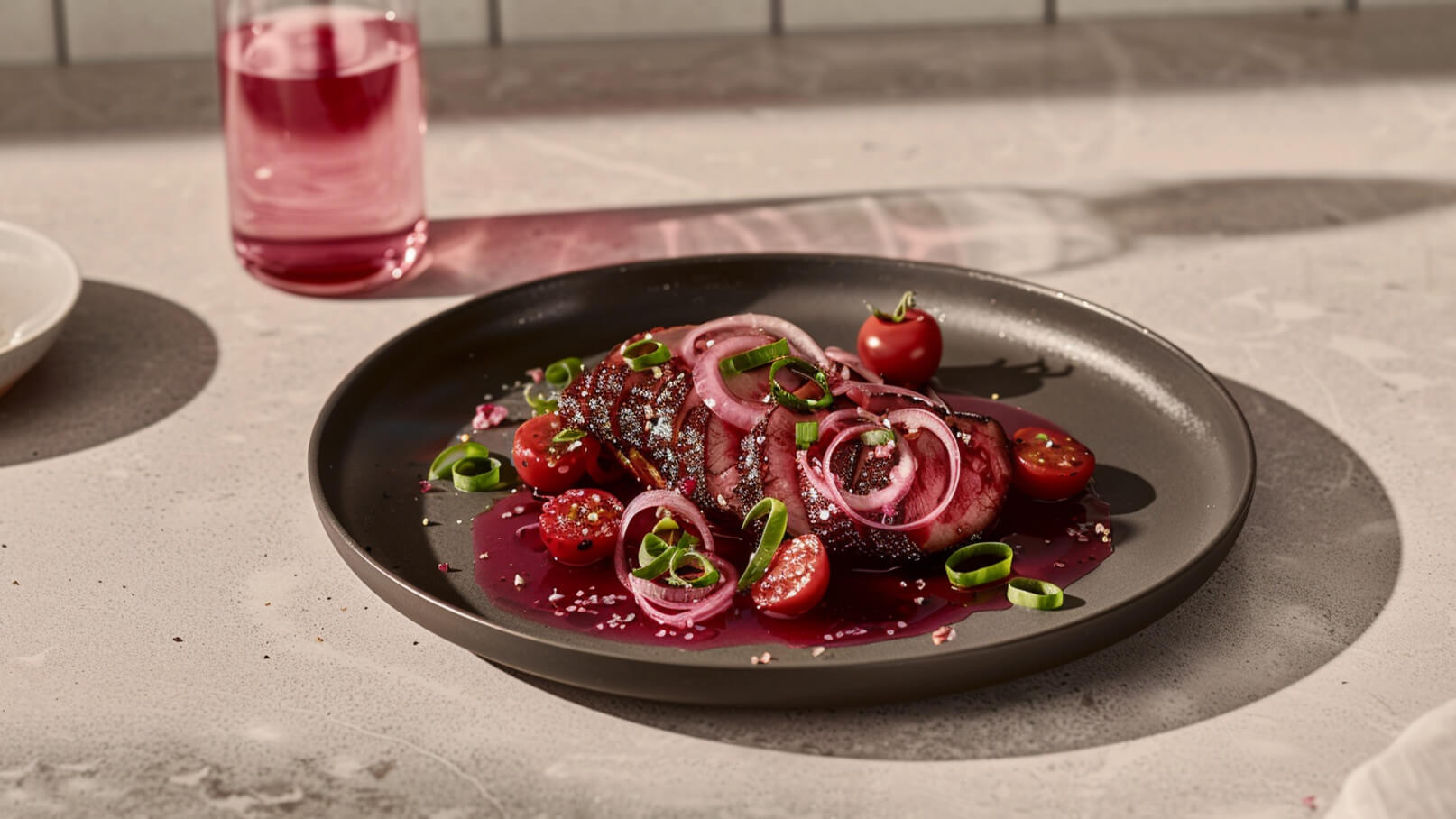 Auf dem Bild liegt ein Stück Fleisch auf einem schwarzen Teller, umgeben von Kirschtomaten und roten Zwiebeln. Die Soße auf dem Teller hat eine tiefrote Farbe und es sind grüne Frühlingszwiebeln als Garnitur zu sehen. Im Hintergrund steht ein Glas mit einem pinkfarbenen Getränk.