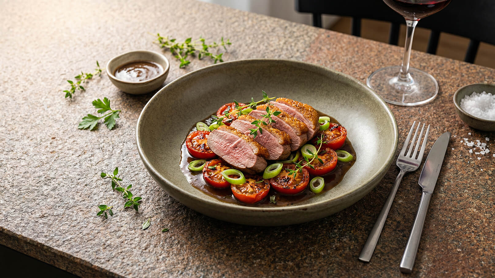 Ein graues Schüsselgericht mit in Scheiben geschnittenem Fleisch, garniert mit frischen Kräutern, liegt auf gerösteten Tomaten. Neben der Schüssel befindet sich eine kleine Schale mit Soße und eine kleine Schale mit Salz. Am Rand des Tisches steht ein Glas Rotwein.