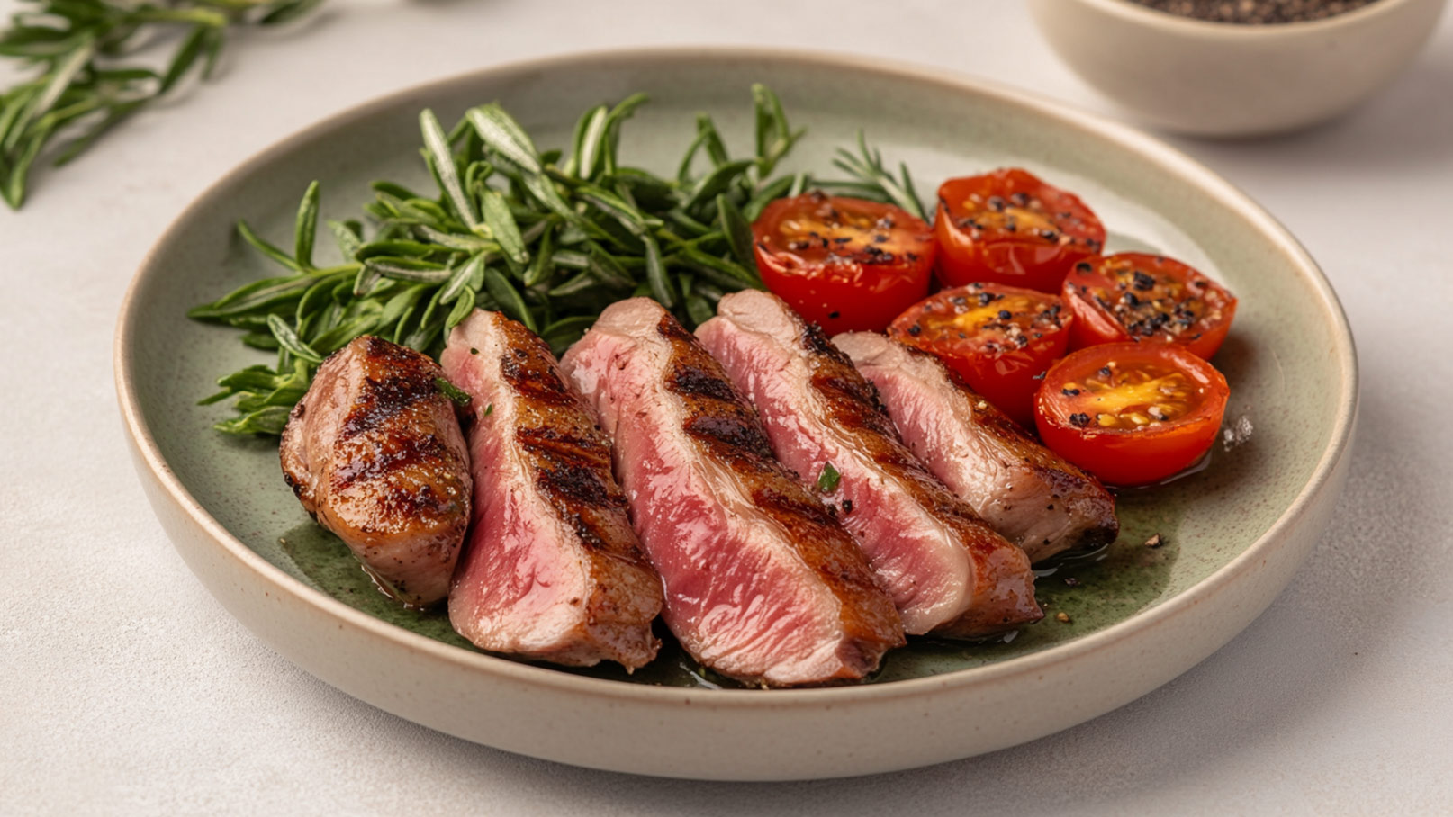 Auf dem Teller liegen mehrere Streifen gegrilltes Fleisch, saftig und rosa in der Mitte. Daneben sind gebratene, halbierte Tomaten und frische, grüne Kräuter platziert.