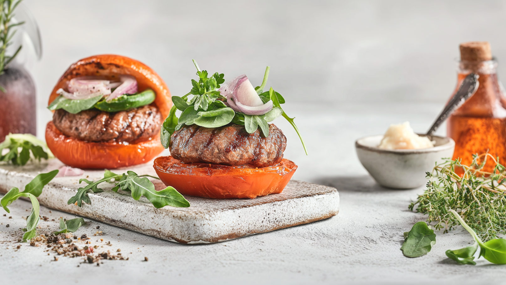 Zwei Hamburger, die auf gegrillten Tomatenhälften serviert werden. Die Hamburger sind mit frischem Salat, Zwiebeln und Kräutern garniert. Im Hintergrund sind Gewürze und eine kleine Schüssel mit einer cremigen Zutat zu sehen.